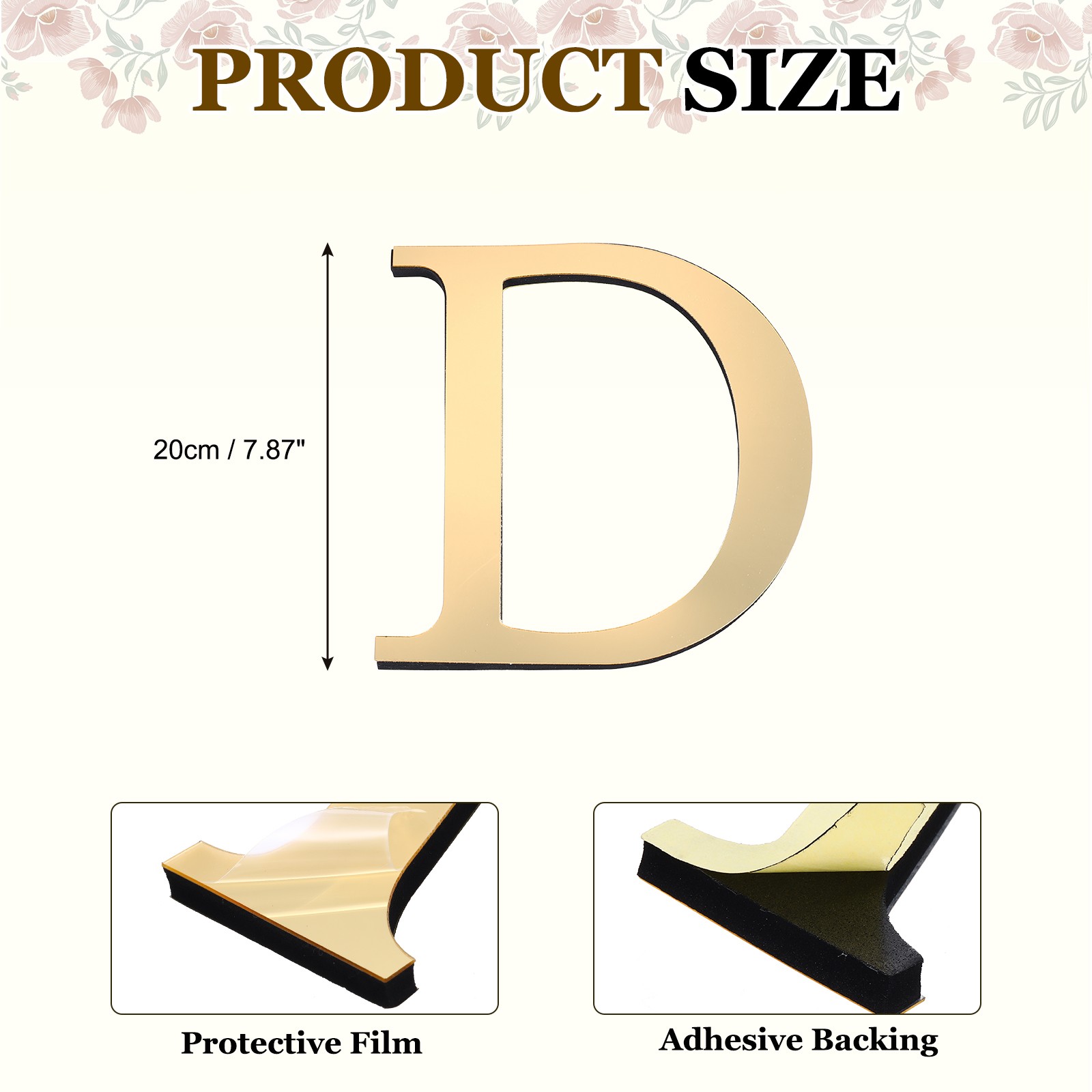 7.87 Inch 3D Acrylic Alphabet Mirror Wall Stickers Letter D Light Gold