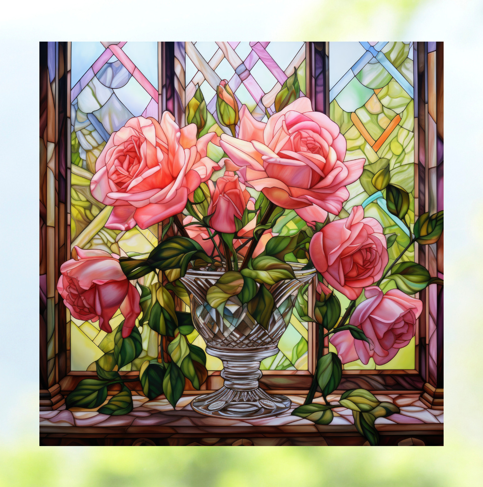 Elegant Pink Roses Faux Stained-Glass WINDOW CLING Size 8" Vinyl
