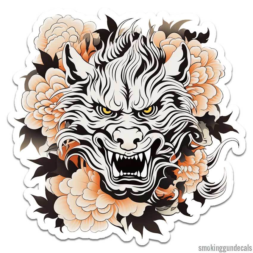 Oriental Dragon Flowers, Vinyl Decal Sticker, Indoor Outdoor, 3 Sizes, #12582
