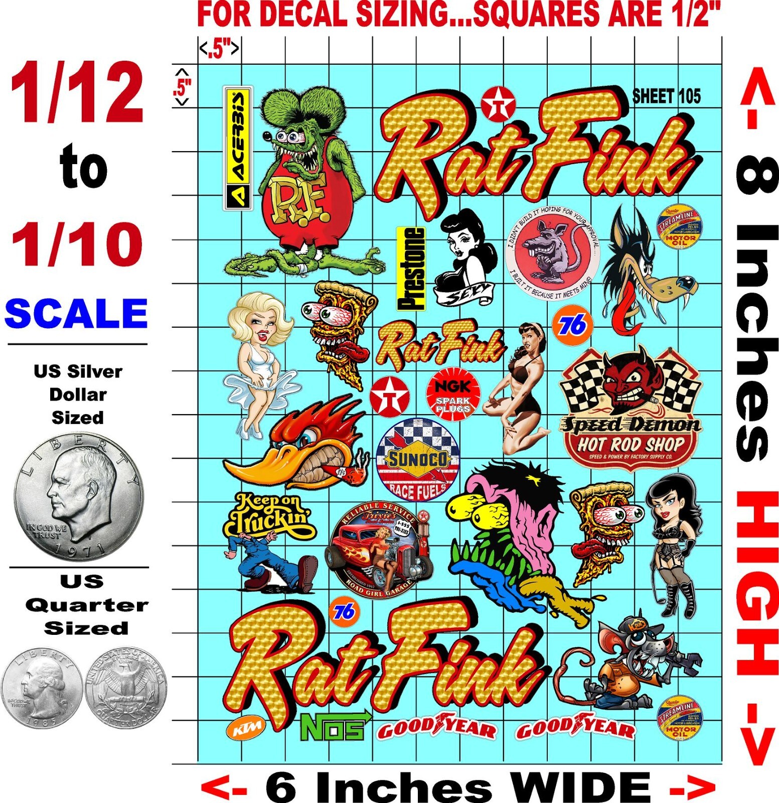 WHITE Vinyl Sticker Sheet 105-R/C MODEL Decal fits 1/10-1/16 Scale Ratfink rod
