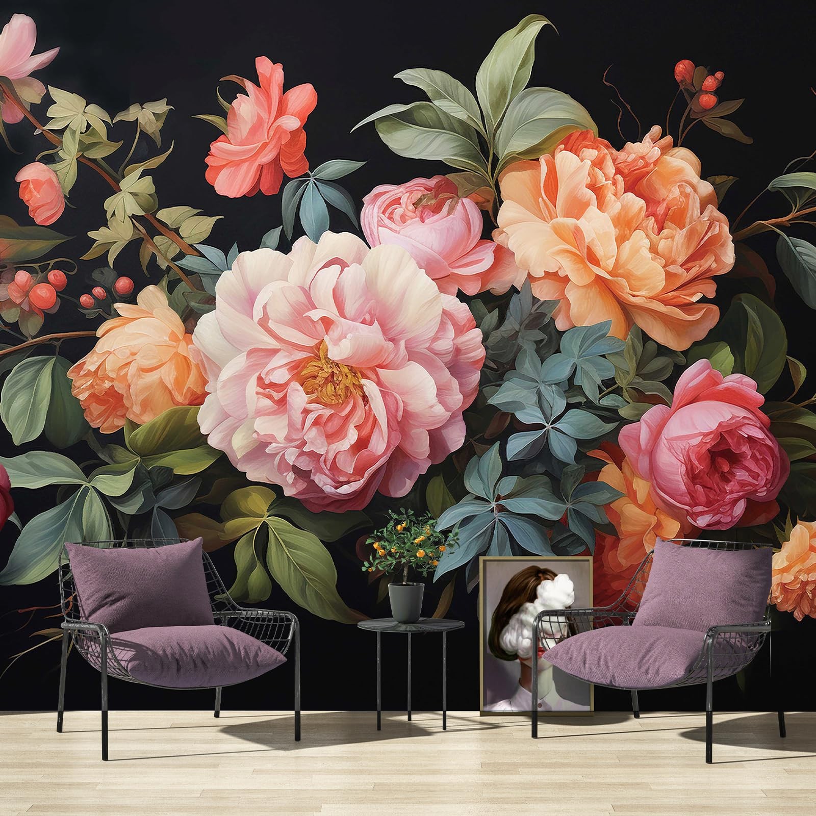 Large Floral Peel and Stick Wall Murals 148" W x 98" H Vintage 3D Dark Peony …