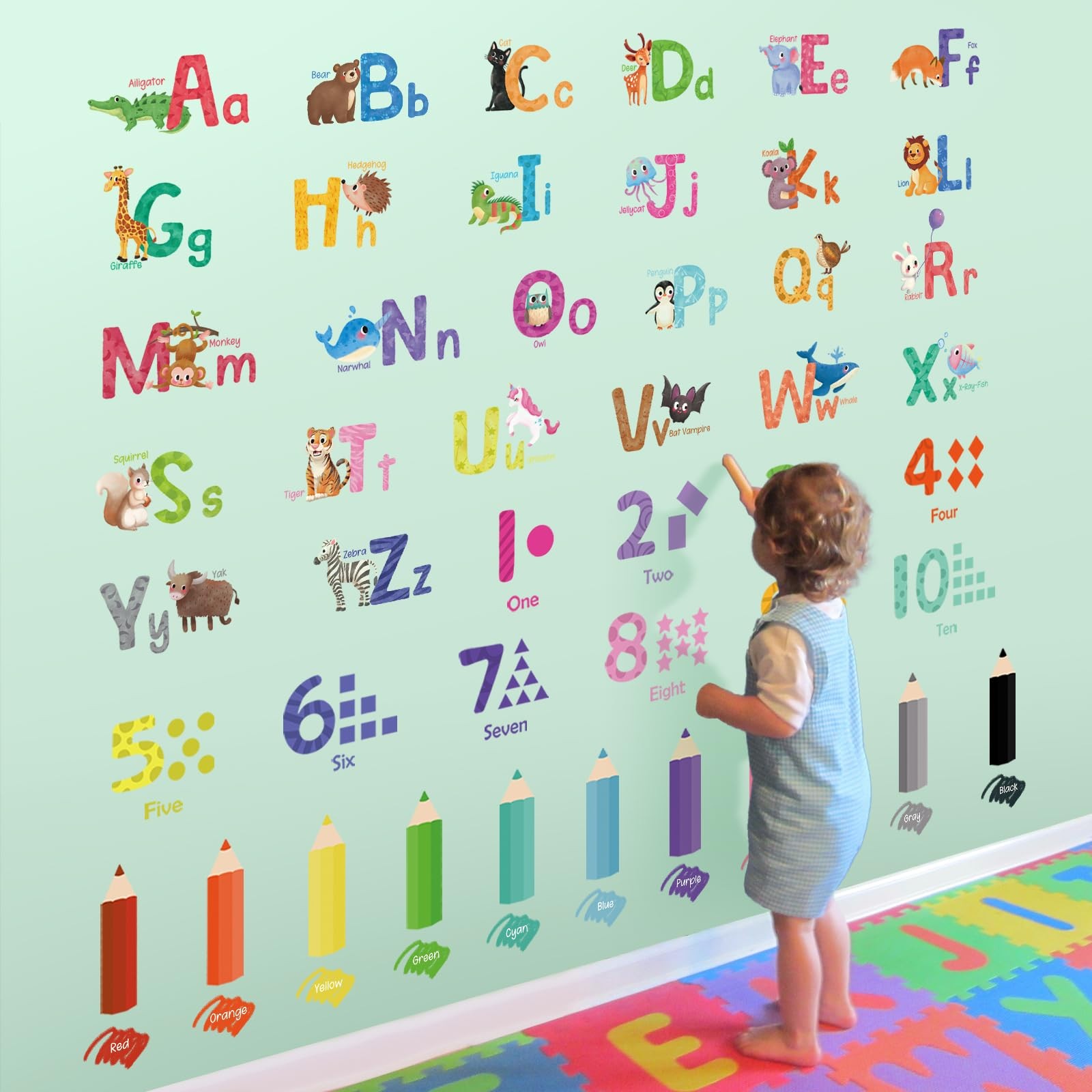 Animal Alphabet Numbers Wall Decals Peel and Stick, Vinyl Educational ABC Wal…