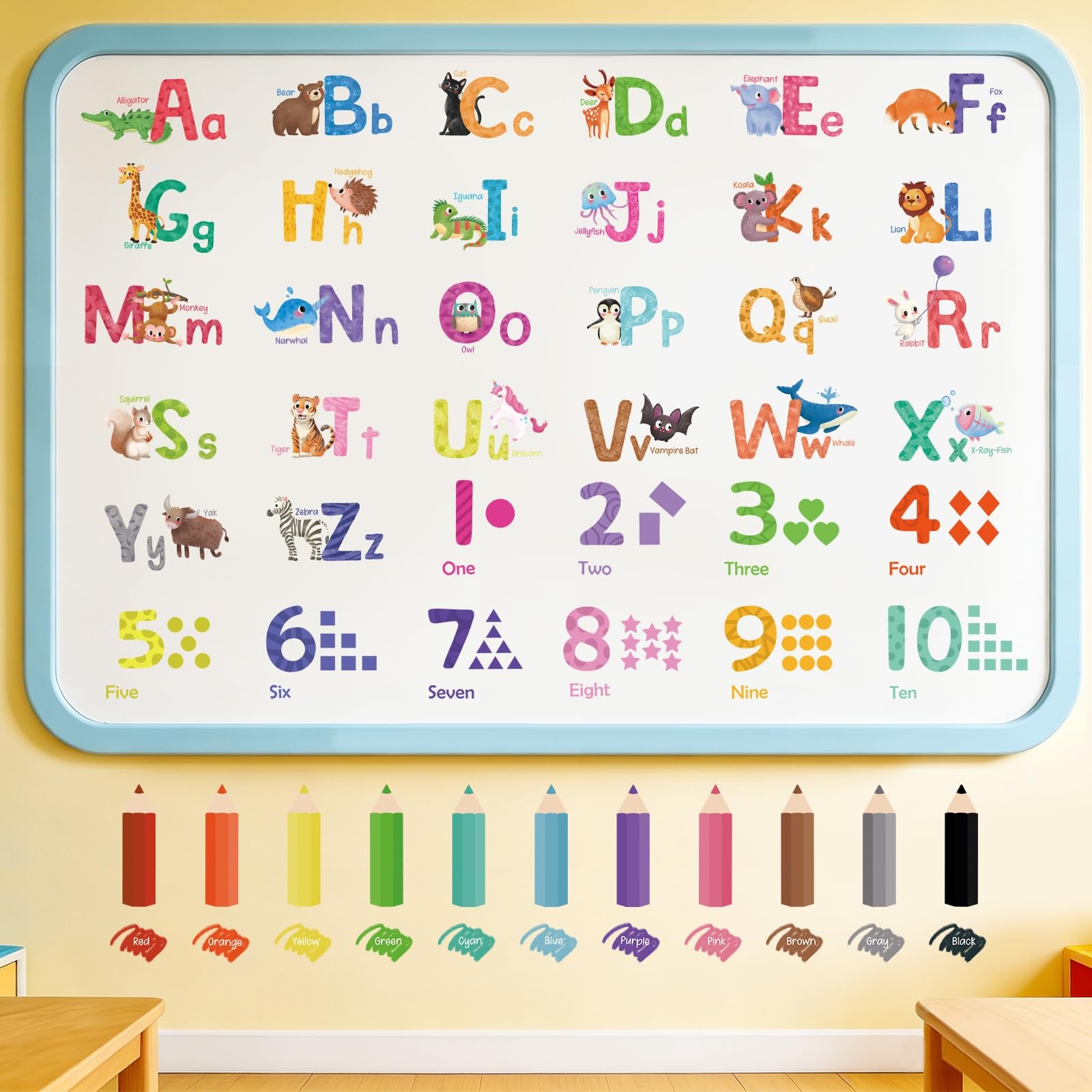 Animal Alphabet Numbers Wall Decals Peel and Stick, Vinyl Educational ABC Wal…