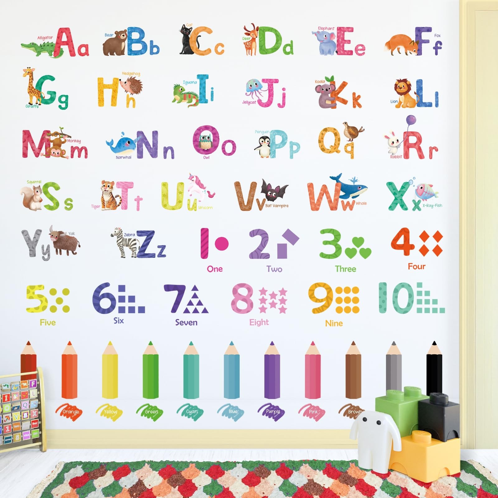 Animal Alphabet Numbers Wall Decals Peel and Stick, Vinyl Educational ABC Wal…
