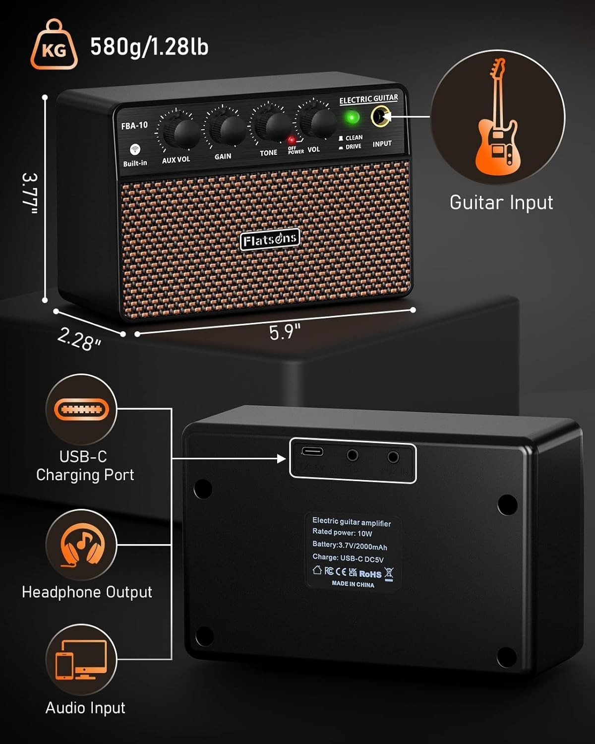 Beginner Guitarist Practice Amp – Flatsons FBA-10 10W Portable USB C
