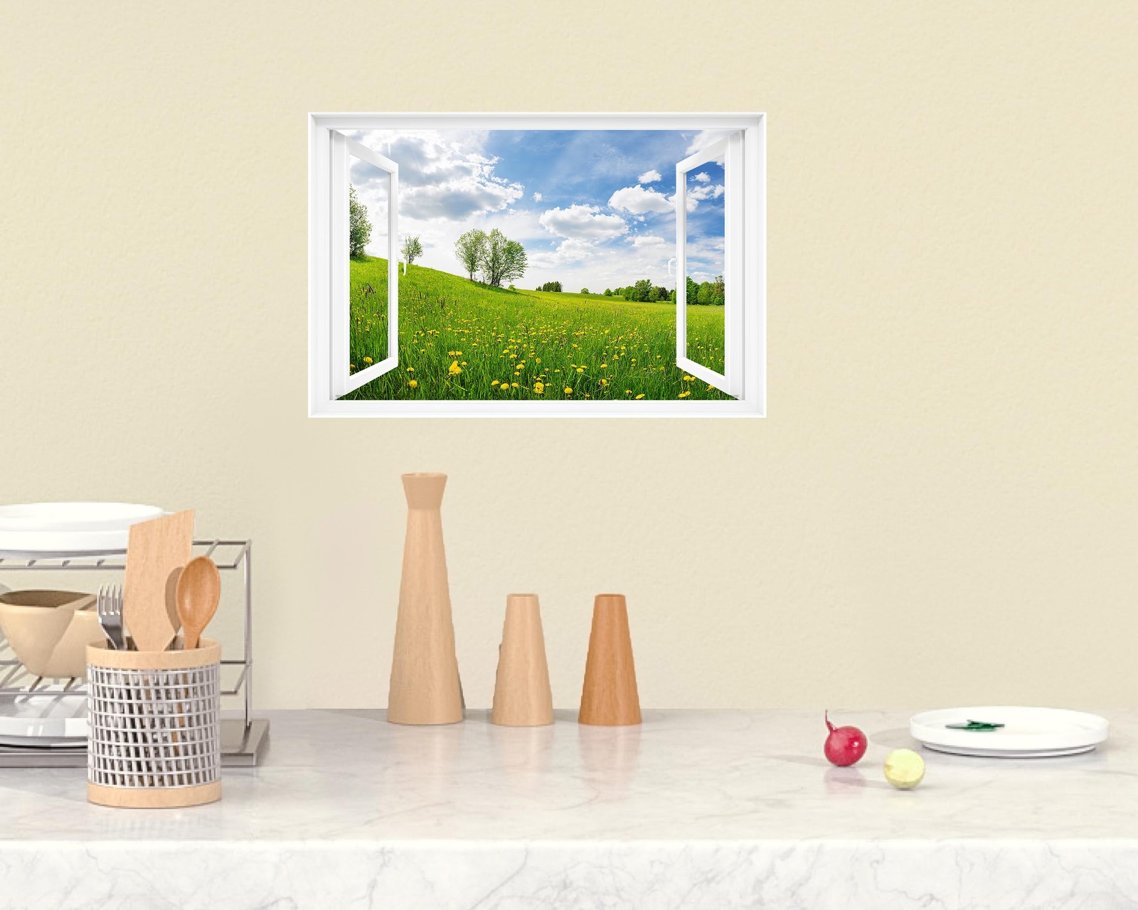 Fake Window Wall Decal – Spring Meadow View Faux Window Wall Mural for Home D…