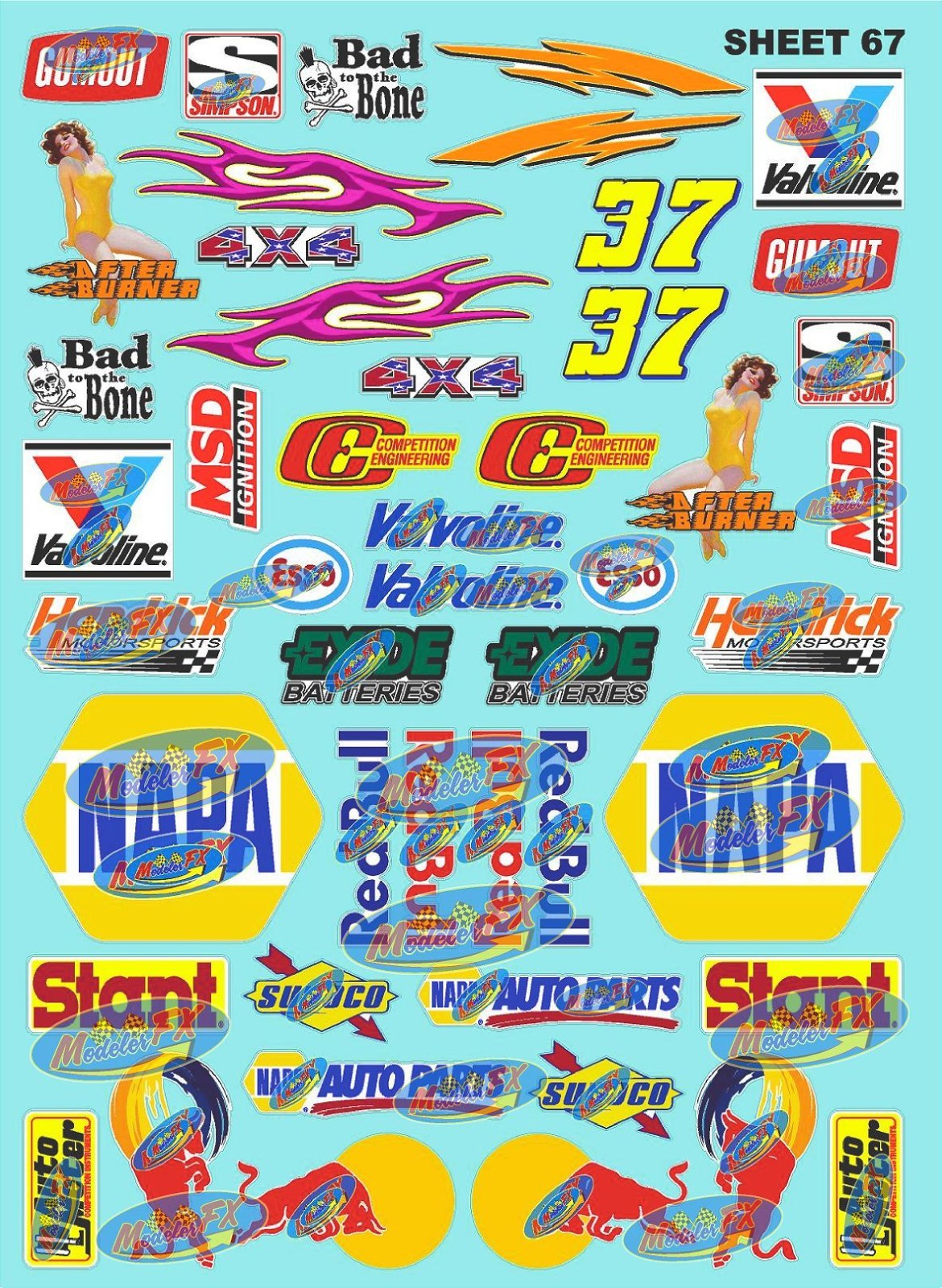 White Vinyl Sticker Sheet 67 F1bullred-R/C MODEL Decal fits 1/24-1/16 Scale LOSI