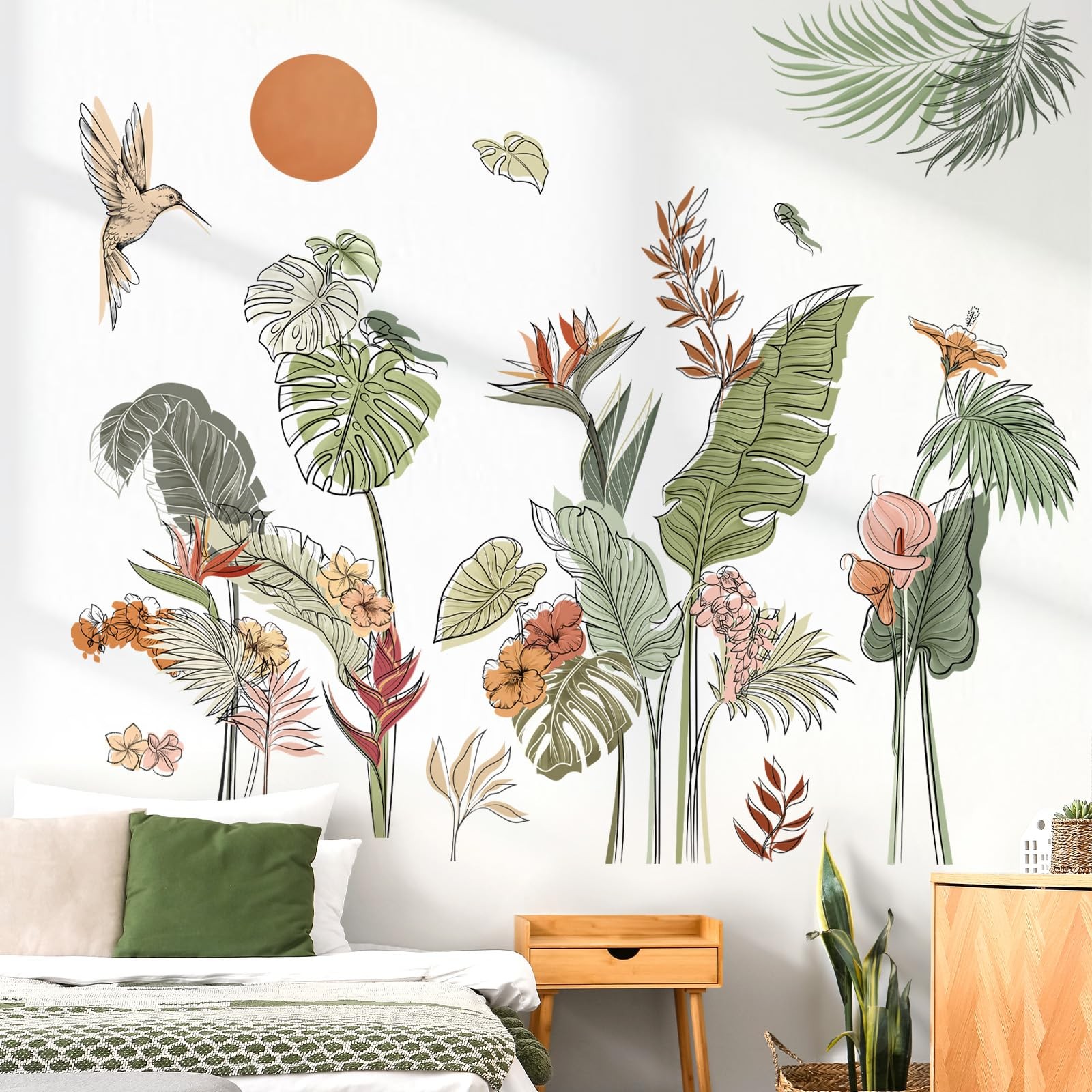 Boho Tropical Leaves Flower Wall Decals Bohemian Floral Plants Sun Wall Stick…