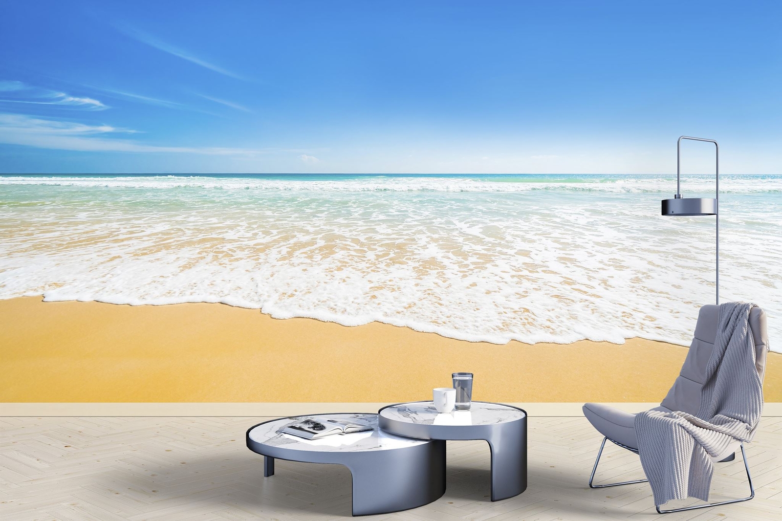 Bright Afternoon Blue Skies Ocean Beach Wave Wall Mural. #6272