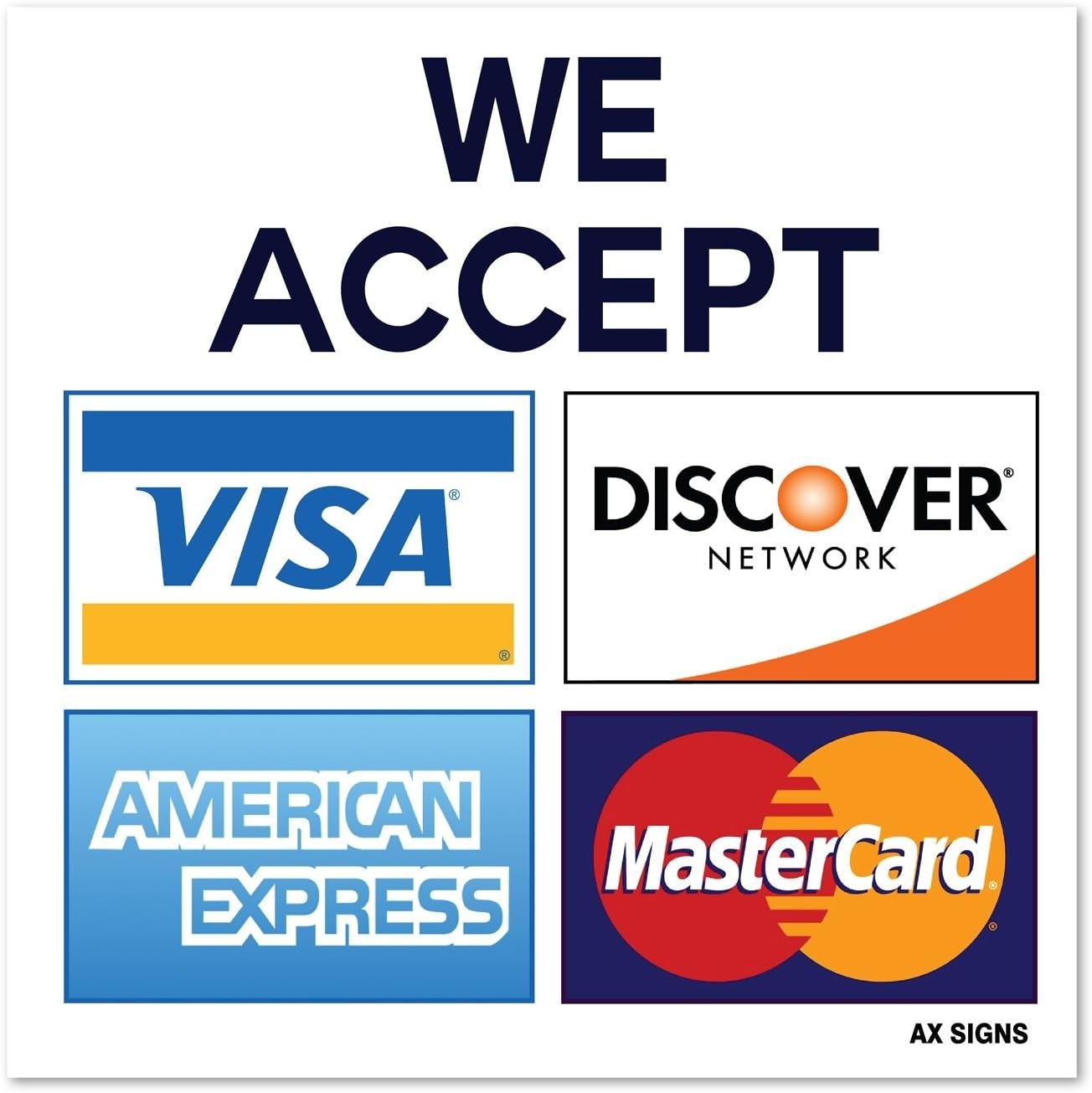 (4 Pack) We Accept Visa MasterCard AMEX Discover Credit Card Sticker 3.5" x 3.5"