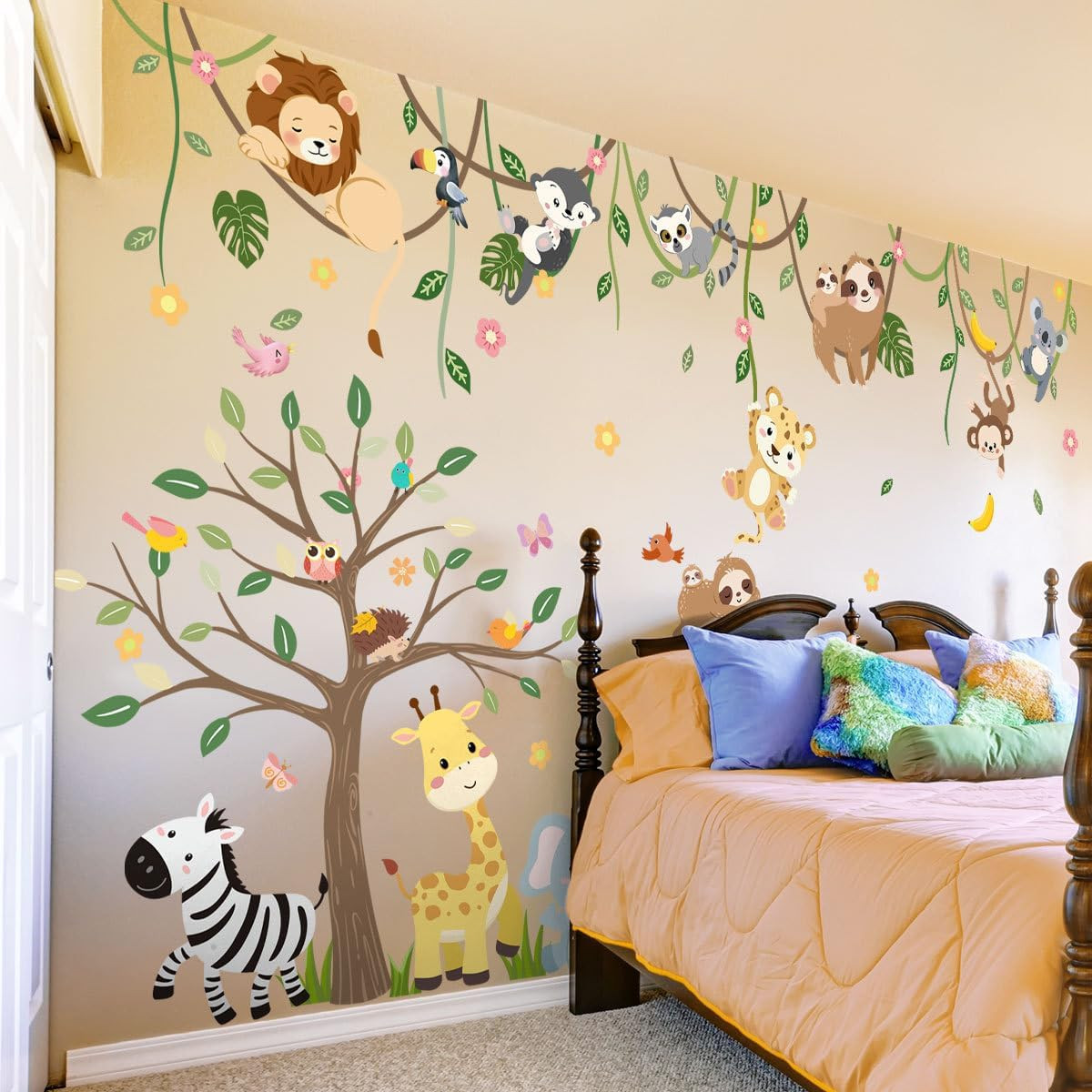 Large Jungle Animals Tree Wall Decals Safari Animals Climbing Trees Wall Sticker