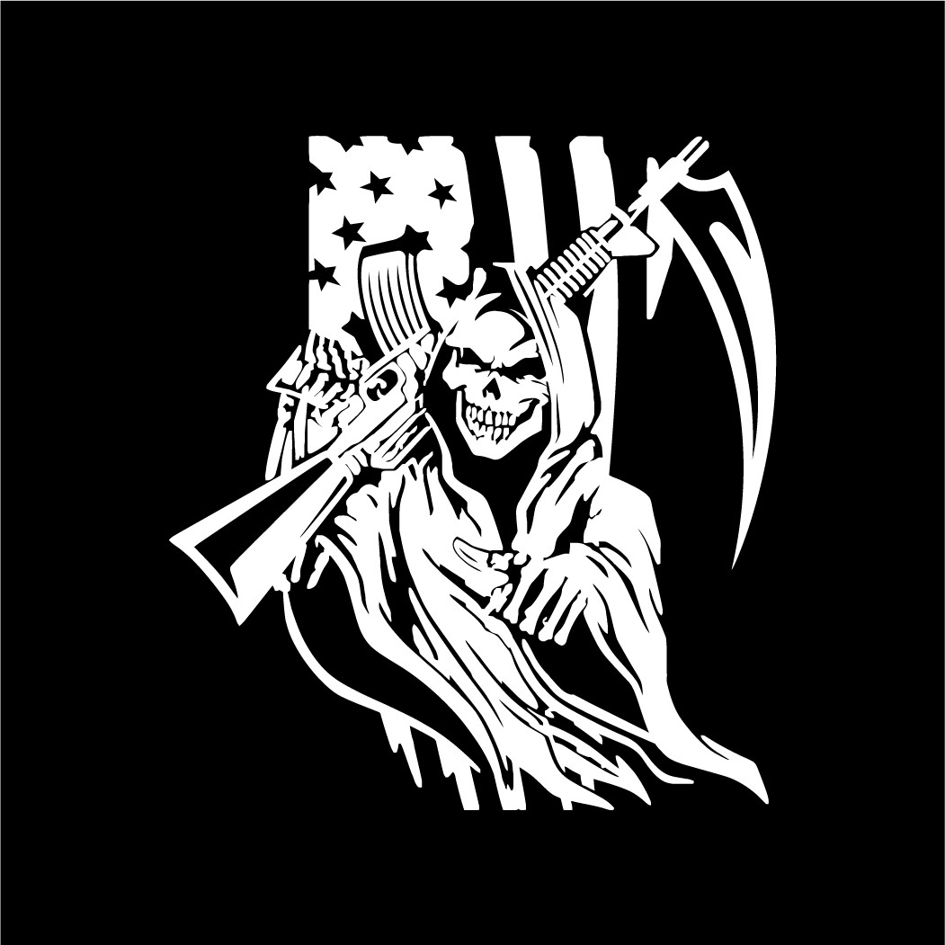Grim Reaper With American Flag Holding Machine Gun Scythe Die Cut Decal