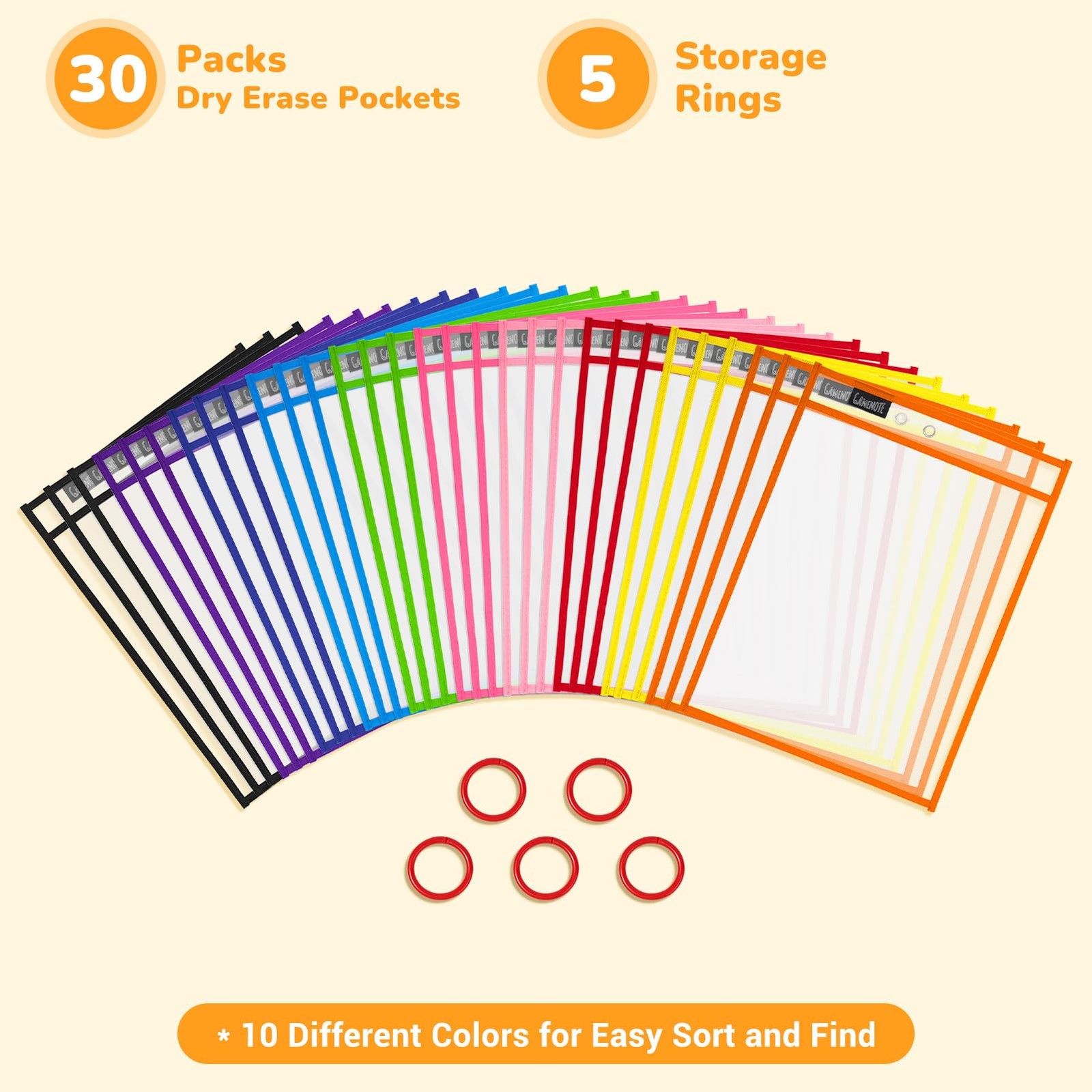 Gamenote 30 Pack Dry Erase Pockets with 5 Rings, 10 30 Pack, Assorted Colors