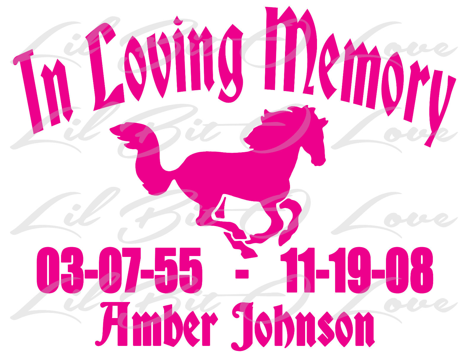 PERSONALIZED IN LOVING MEMORY VINYL DECAL WITH HORSE WITH NAMES AND DATES