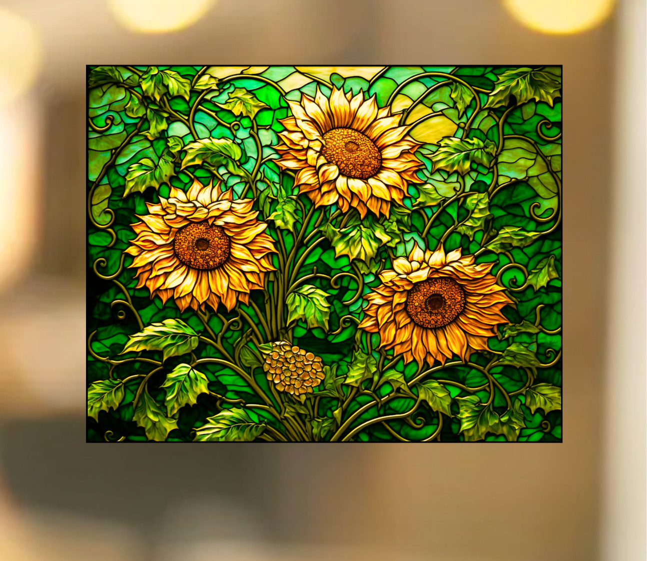 Wild Sunflowers Faux Stained-Glass WINDOW CLING Size 10" Repositionable Vinyl