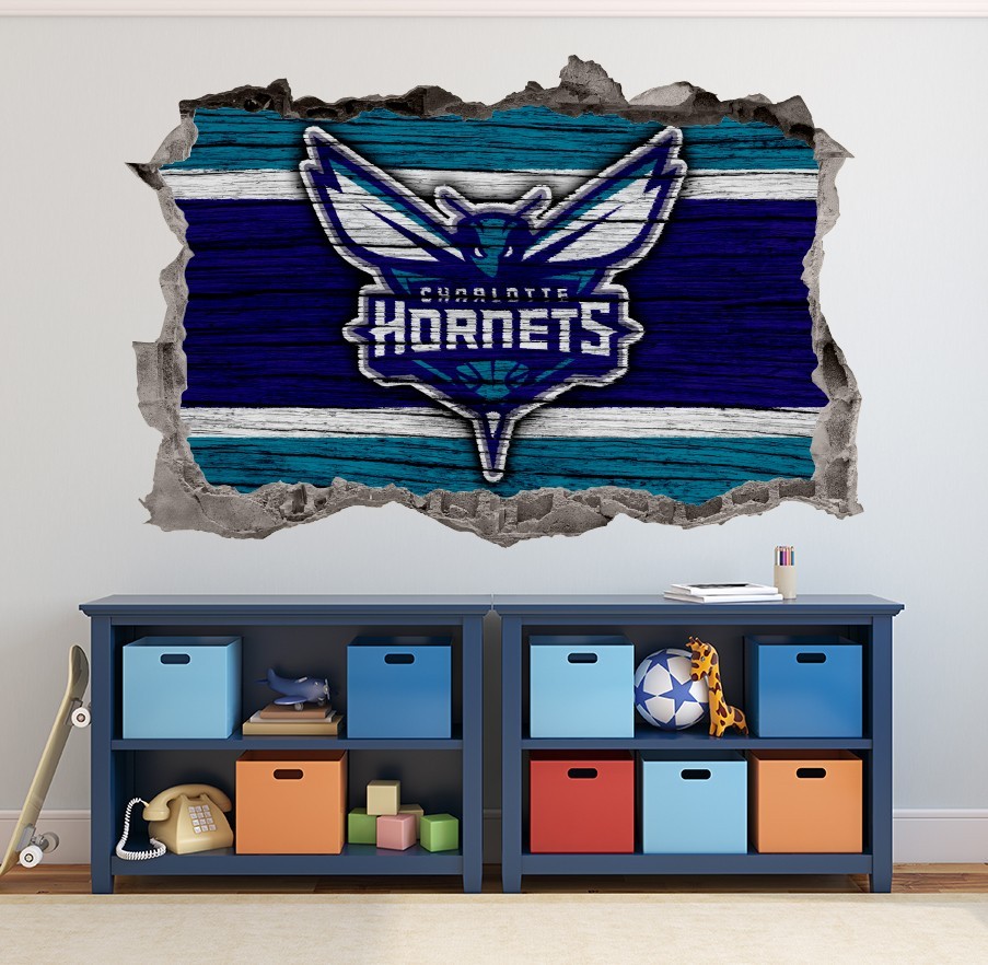 Charlotte Hornets Wall Art Decal Logo 3D Smashed Basketball Print Decor Sticker