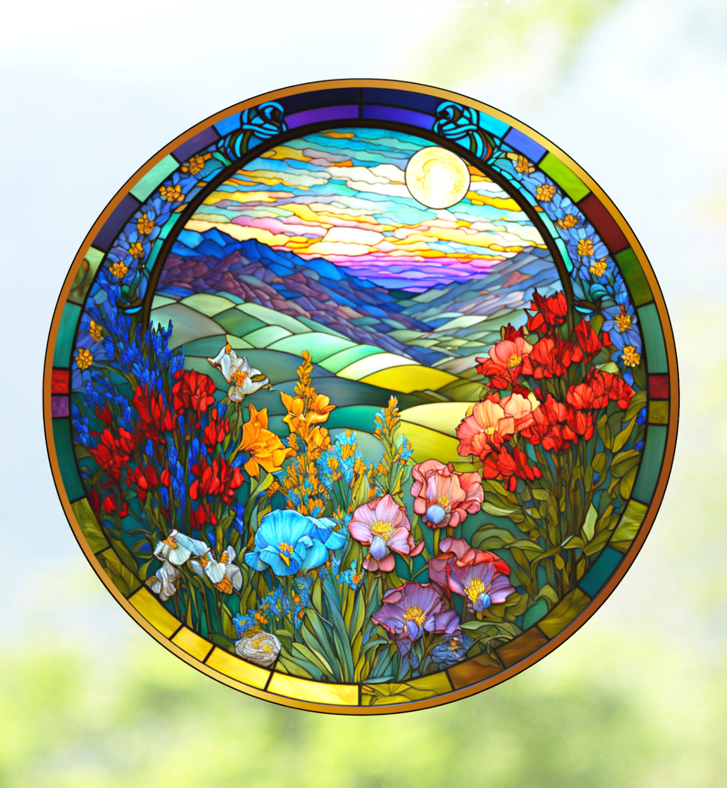 Wildflowers Faux Stained-Glass WINDOW CLING Size 8" Round Vinyl