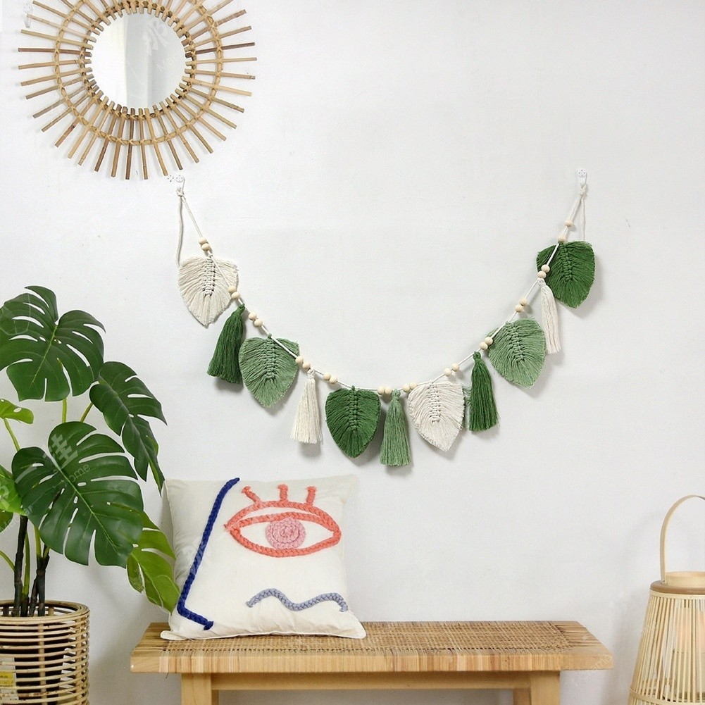 Wall Hanging Tapestry Cotton Blend Hand Woven Bohemian Leaf Fringe Decor