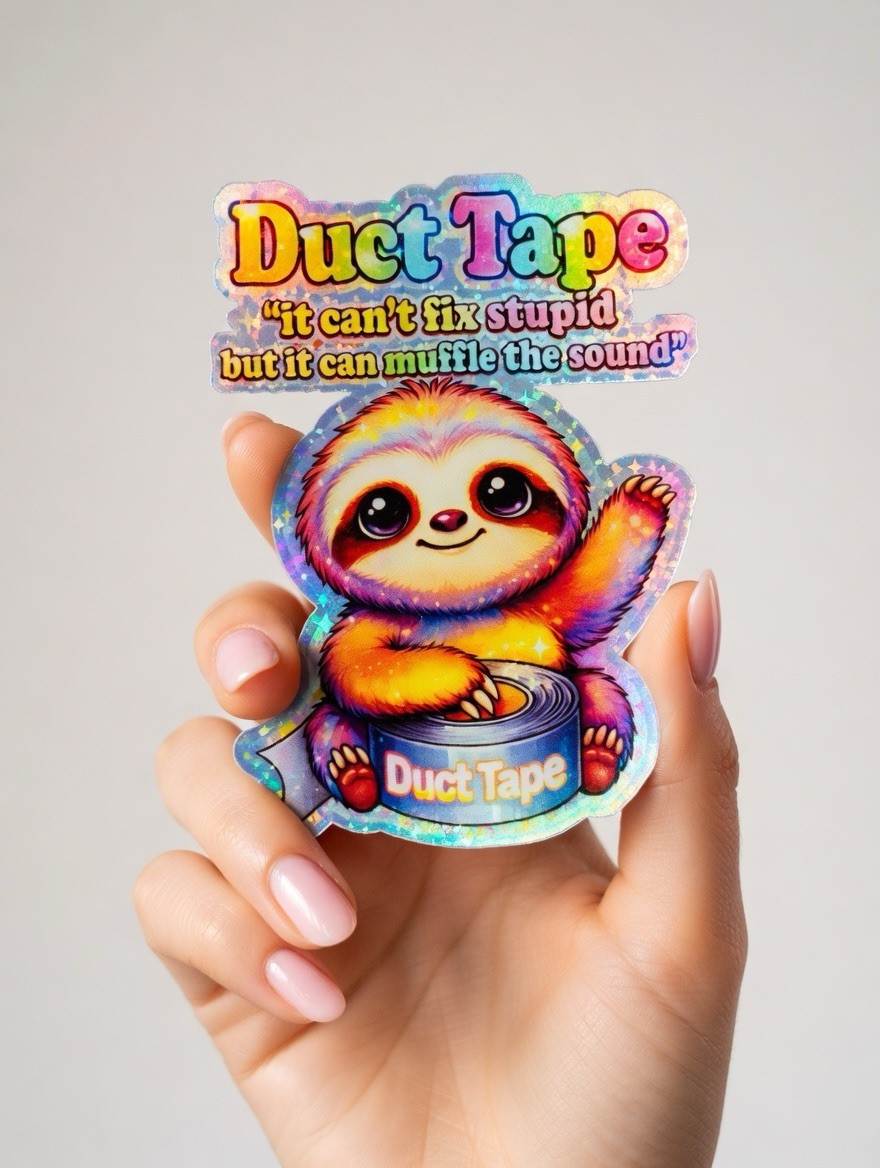 Cute Sloth Duct Tape Sarcastic Funny Waterproof Holographic Vinyl Sticker