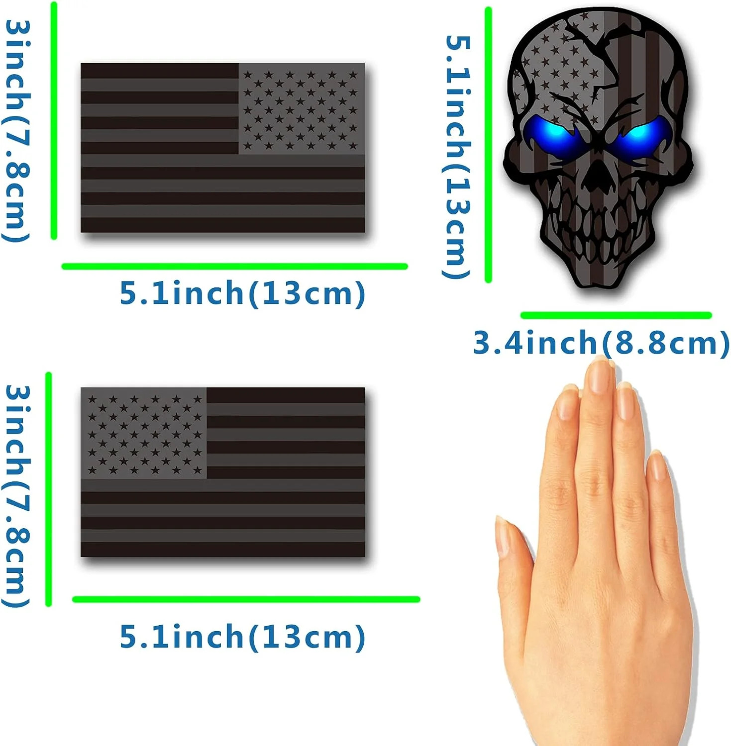 3 Pack 5.1"Reflective All Black American Flag Sticker, Skull Decal with Black US