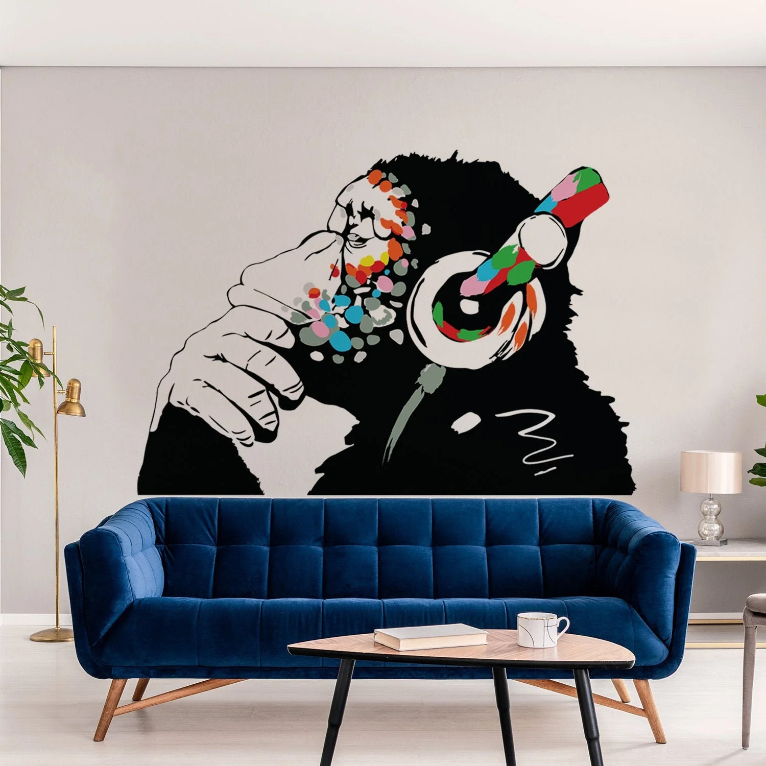 Artist Monkey With Headphones Wall Sticker – Large Bansky Thinking Dj Chimp