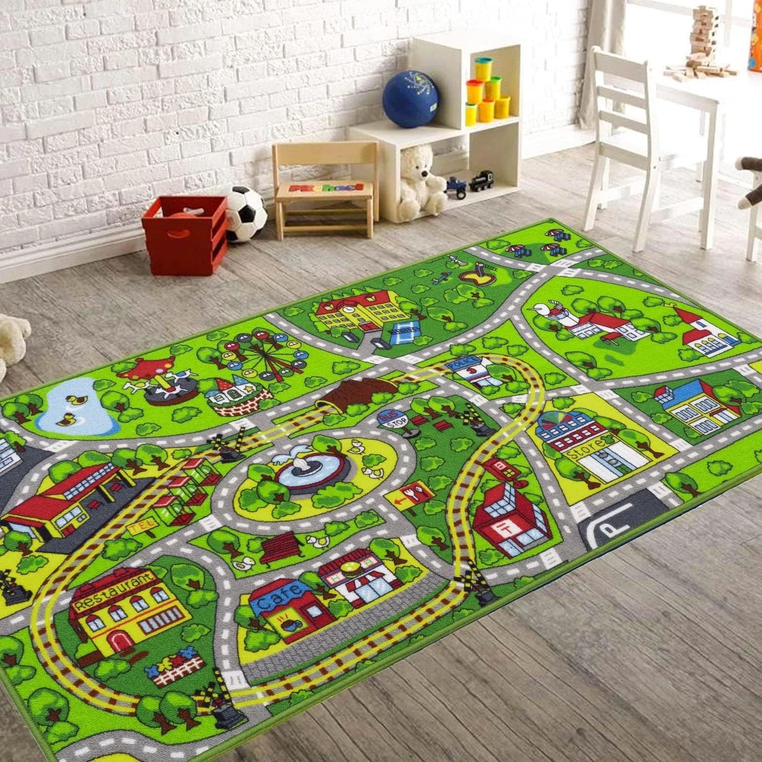 Kids' Train & City Rug – Non-Slip, Washable, Race Car Track Play Mat for Boys &
