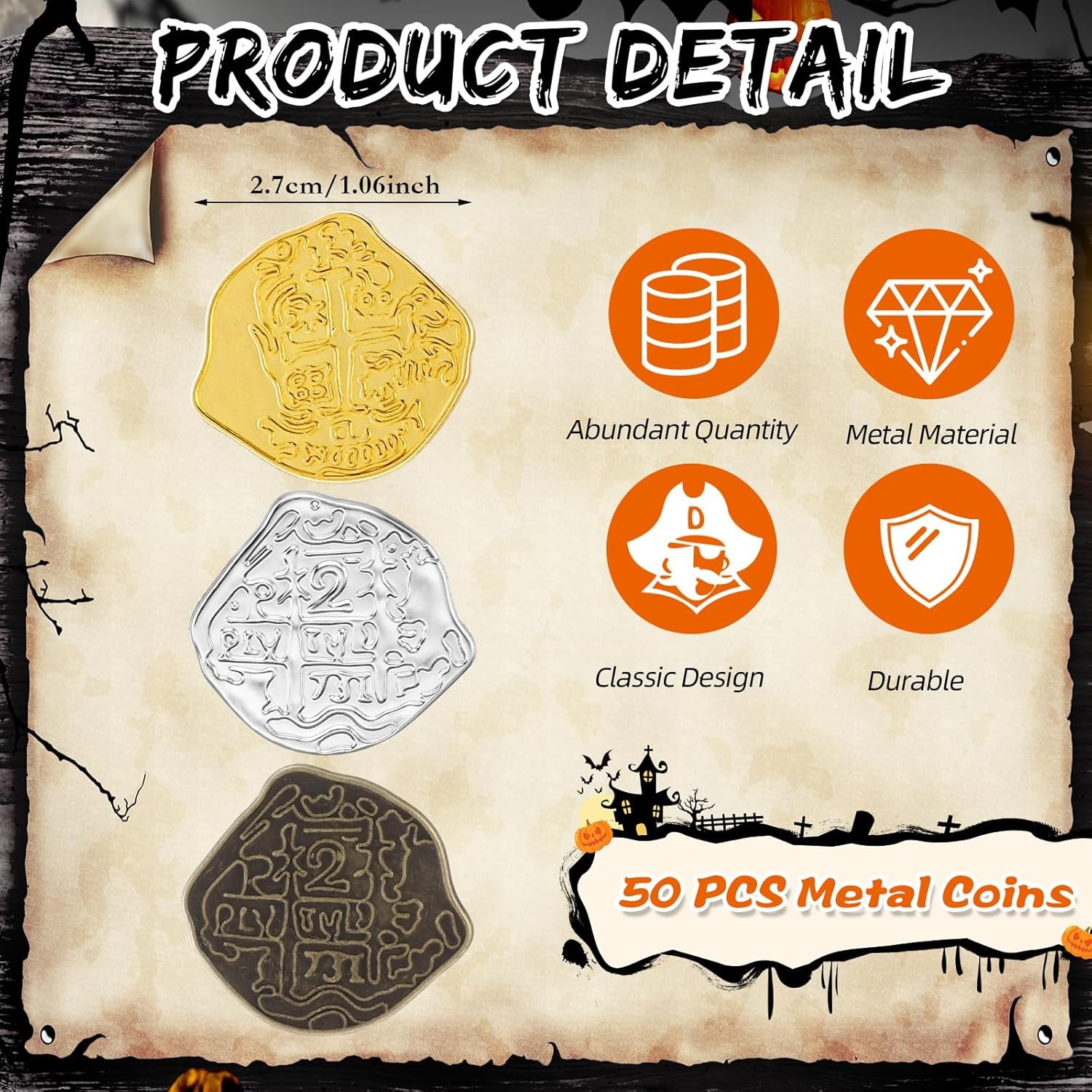 Hanaive 50 Pcs Metal Pirate Coins Spanish Doubloon Gold, Silver, Bronze