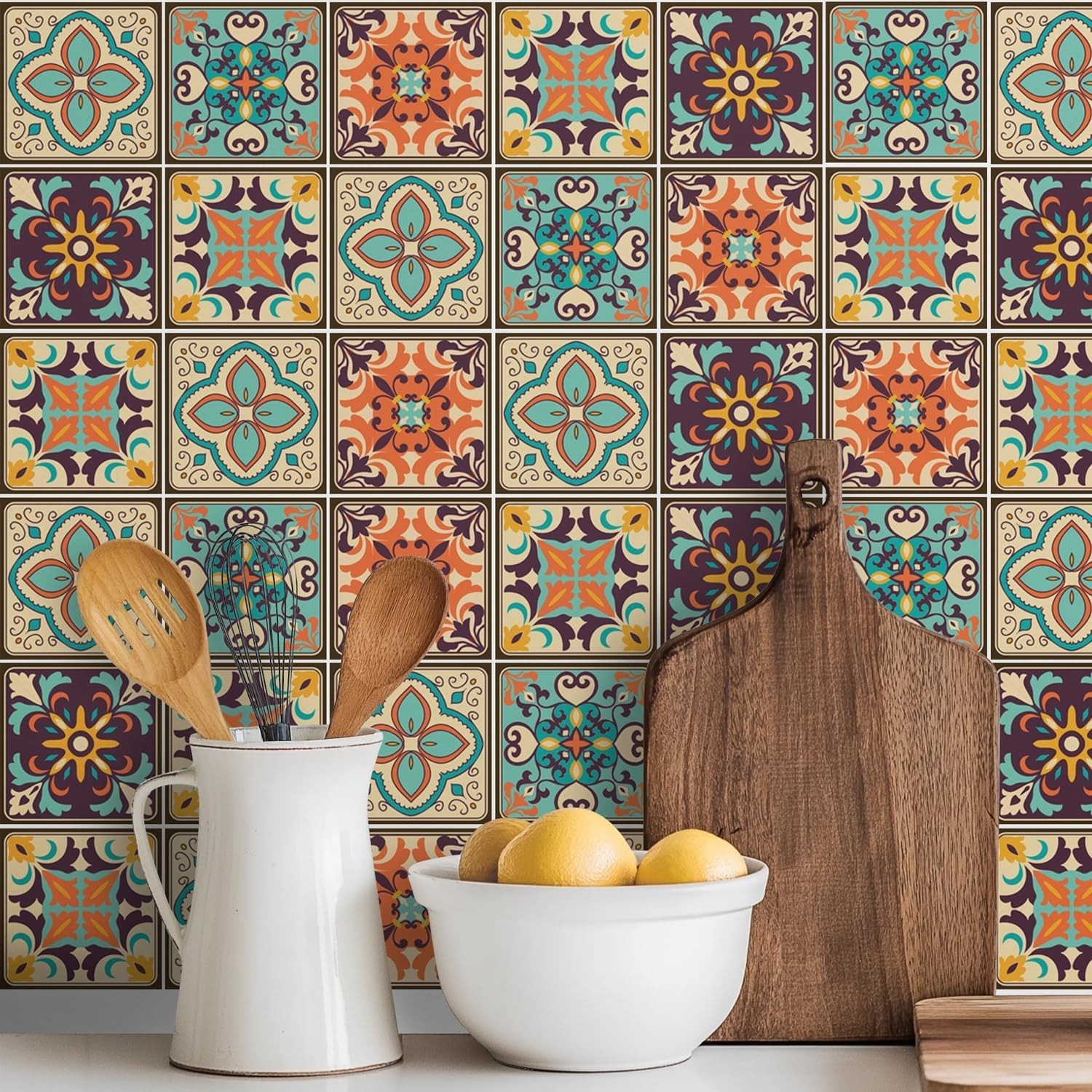 Vibrant Bohemian Tile Wall Stickers – 30-Pack Waterproof & Residue-Free, 4×4"