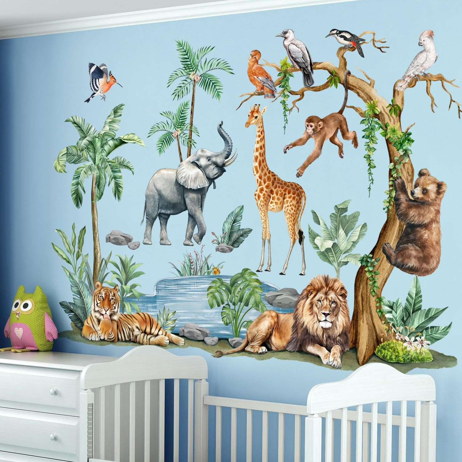 Watercolor Safari Animal Wall Decals – Jungle Tiger Lion Elephant Giraffe Monkey