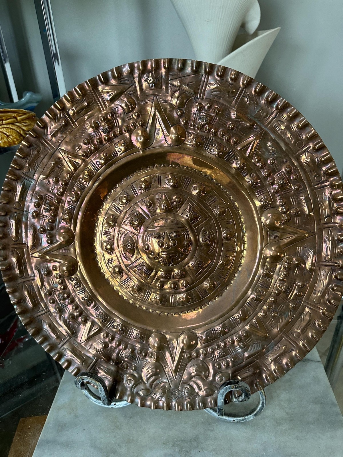 Vintage Embossed Copper Aztec Calendar Wall Plate | MCM Mexican Art