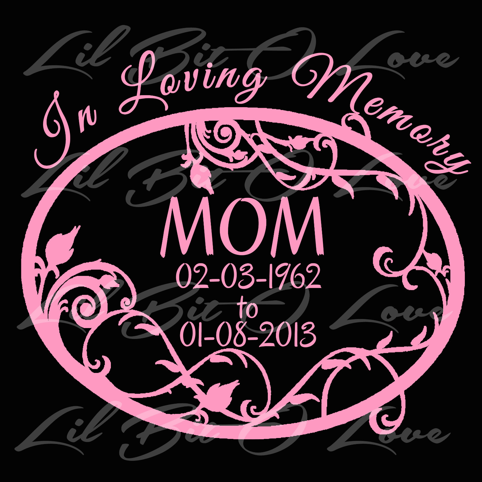 PERSONALIZED IN LOVING MEMORY VINYL DECAL WITH FILIGREE OVAL & NAMES AND DATES