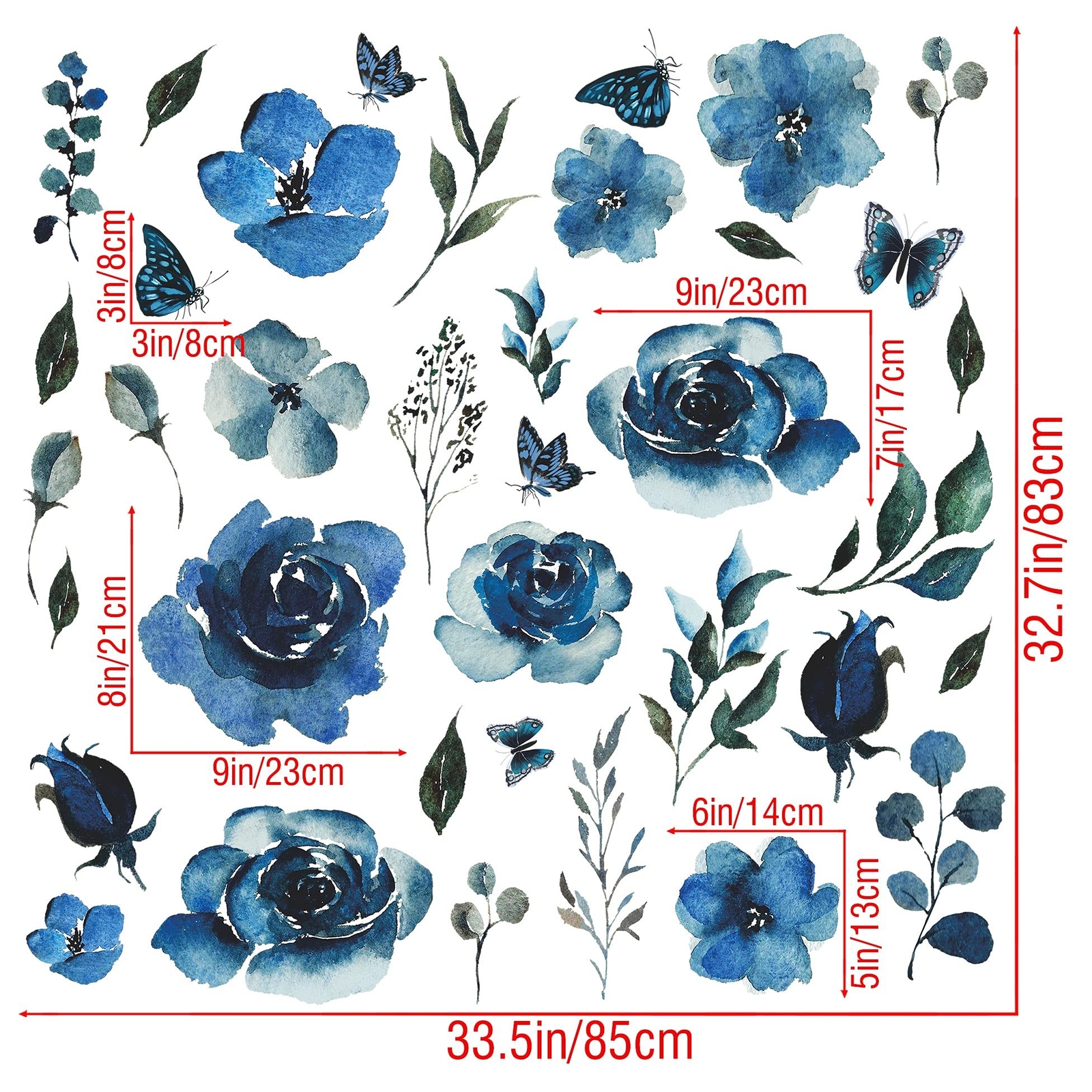 4 Sheets Watercolor Blue Roses Wall Decals Art Flowers Wall Stickers Removabl…