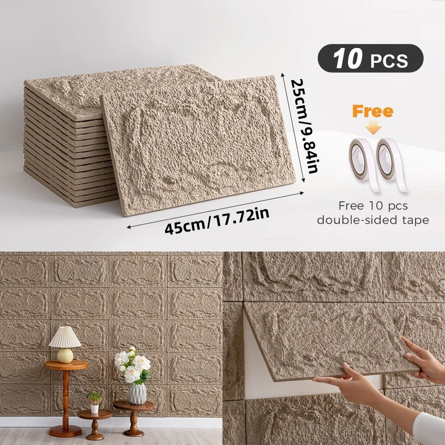 10Pcs 3D Self-Adhesive Stone Wall Panels 10Mm Thickness PU Wall Panels Wall Deco