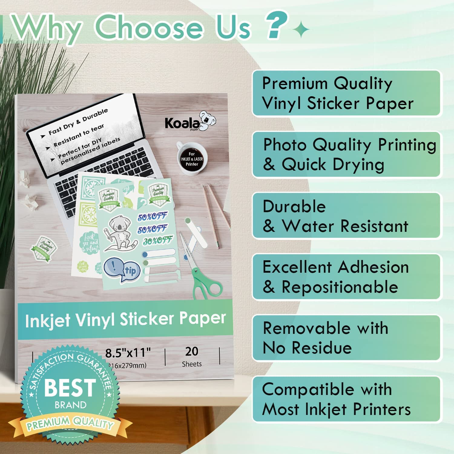 Koala Printable Vinyl Sticker Paper Waterproof Bulk 200 Matt Inkjet Laser Print