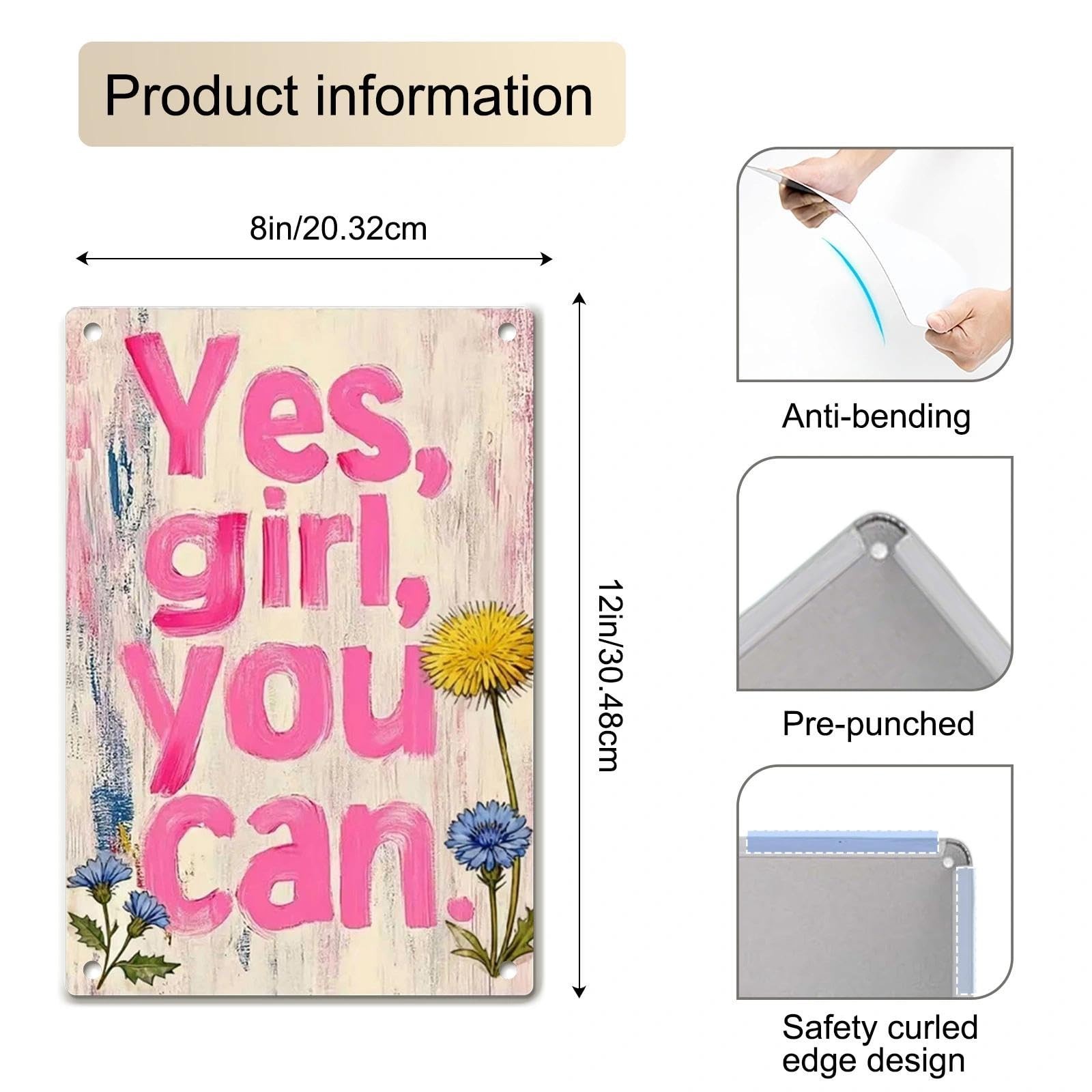 Inspirational Quotes Wall Art Metal Sign -Yes Girl You Can Positive Affirmati…
