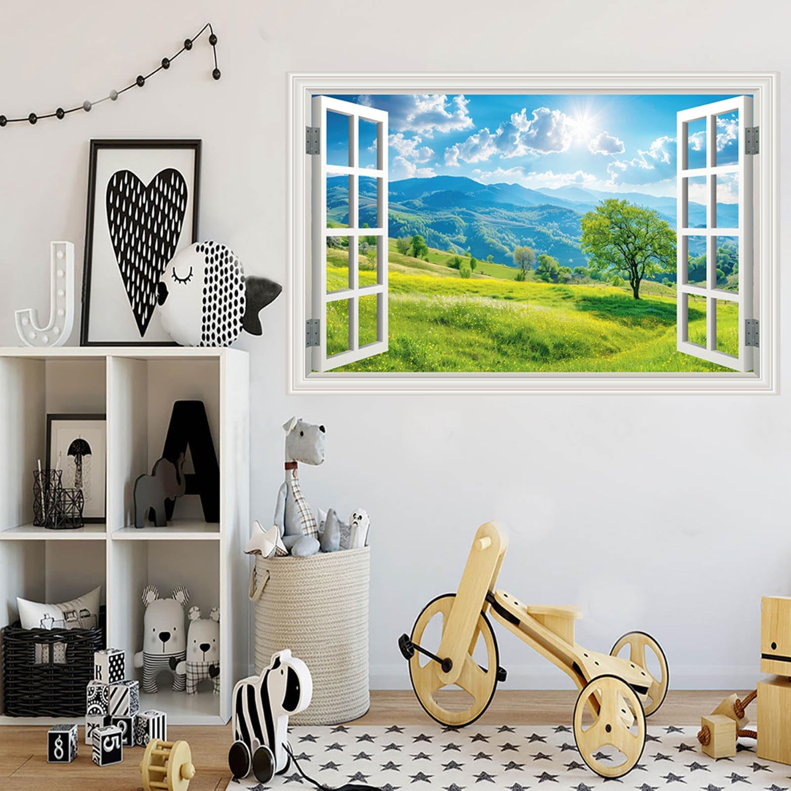 Fake Window Wall Decals Green Mountain Forest Tree Faux Window Sticker Poster…