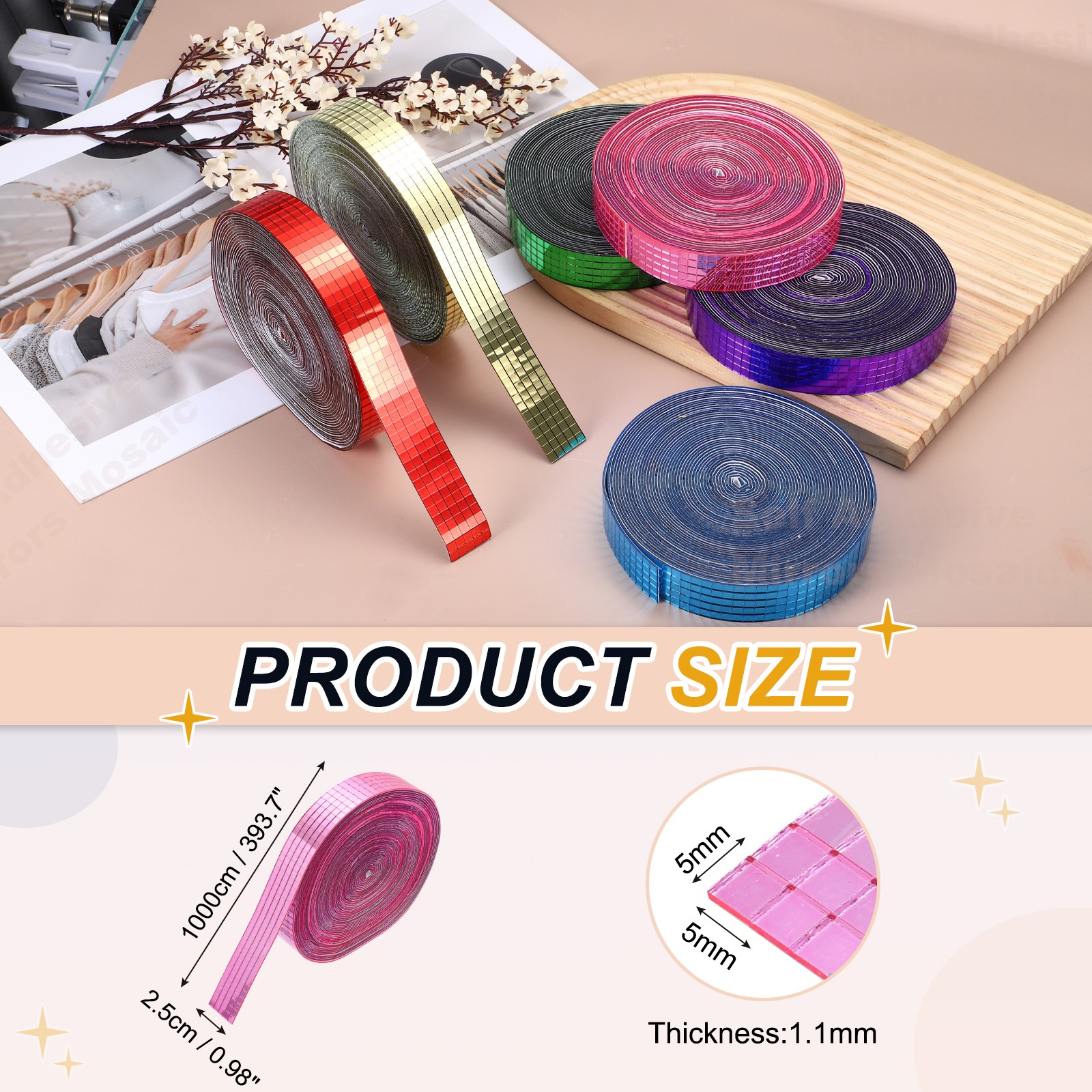 5x5mm Self Adhesive Mirrors Mosaic Tiles, 10000 Pcs Mosaic Sticker, Pink