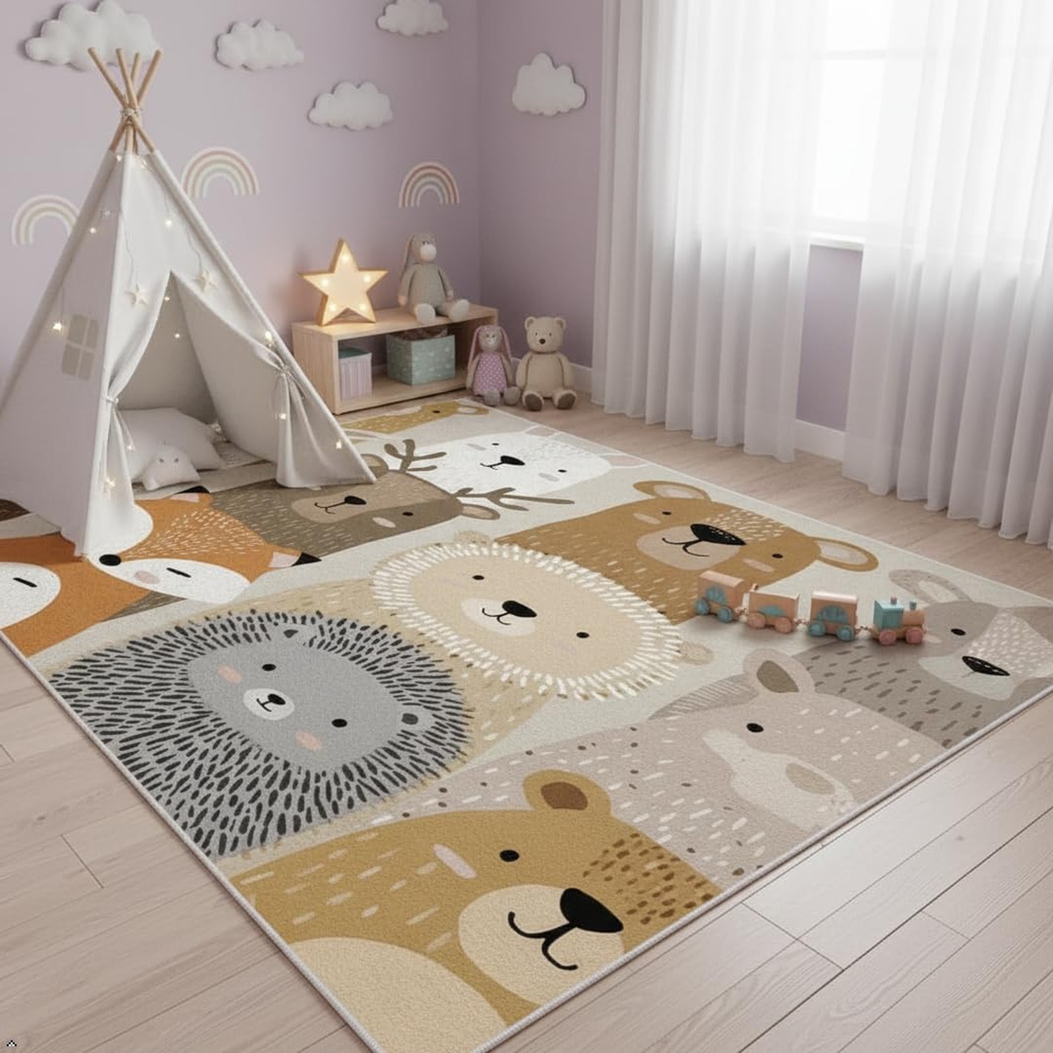 Cute Woodland Animal Rug for Kids Room – 5×8 ft Cartoon Bear Fox Lion Hedgeho…