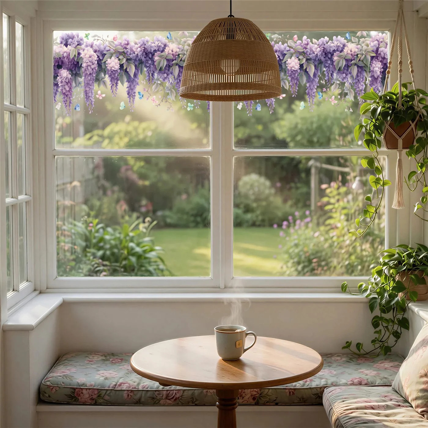 Hanging Wisteria Window Cling 24×12 in Purple Floral Static Cling Bird Safe