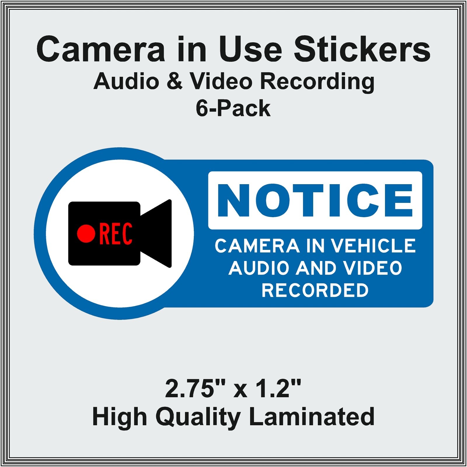 Camera in Car Recording Video 6-Pack Decals Blue & White 2.75" x 1.2" for Uber