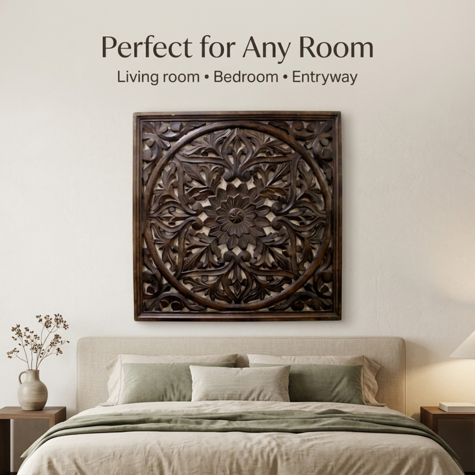 Carved Wood Wall Decor Panel 61cm – Large Rustic Floral Mandala Art