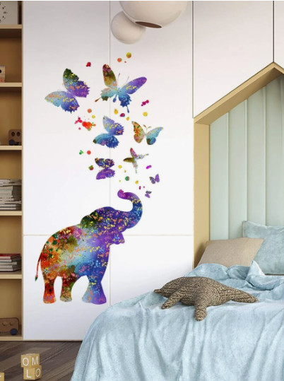 1pc Elephant & Butterfly Print Wall Sticker, Modern PVC Animal Print Wall Decal