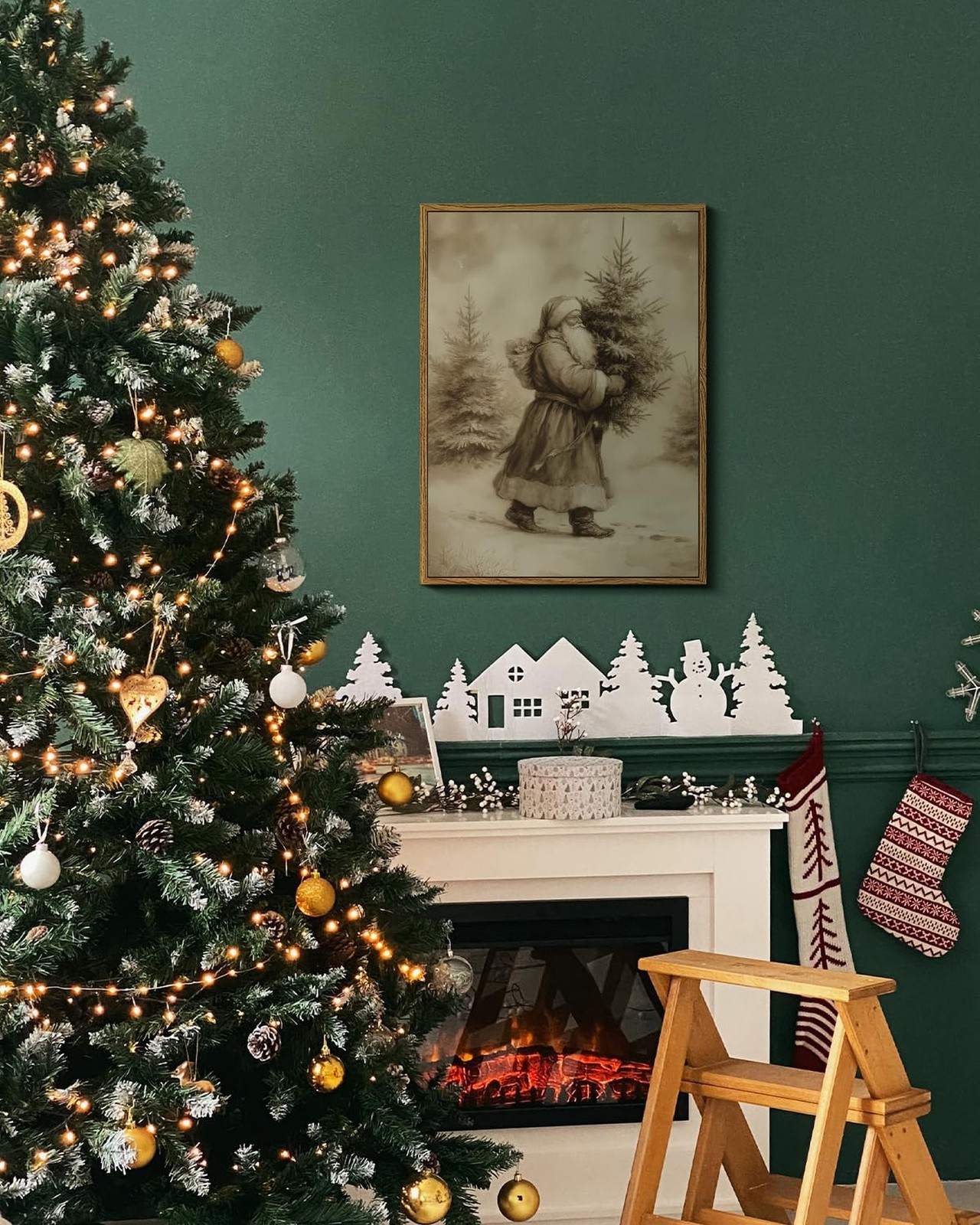 WHASAYART Vintage Santa Claus Carrying Christmas Tree Wall Art, Retro 12×16 F…