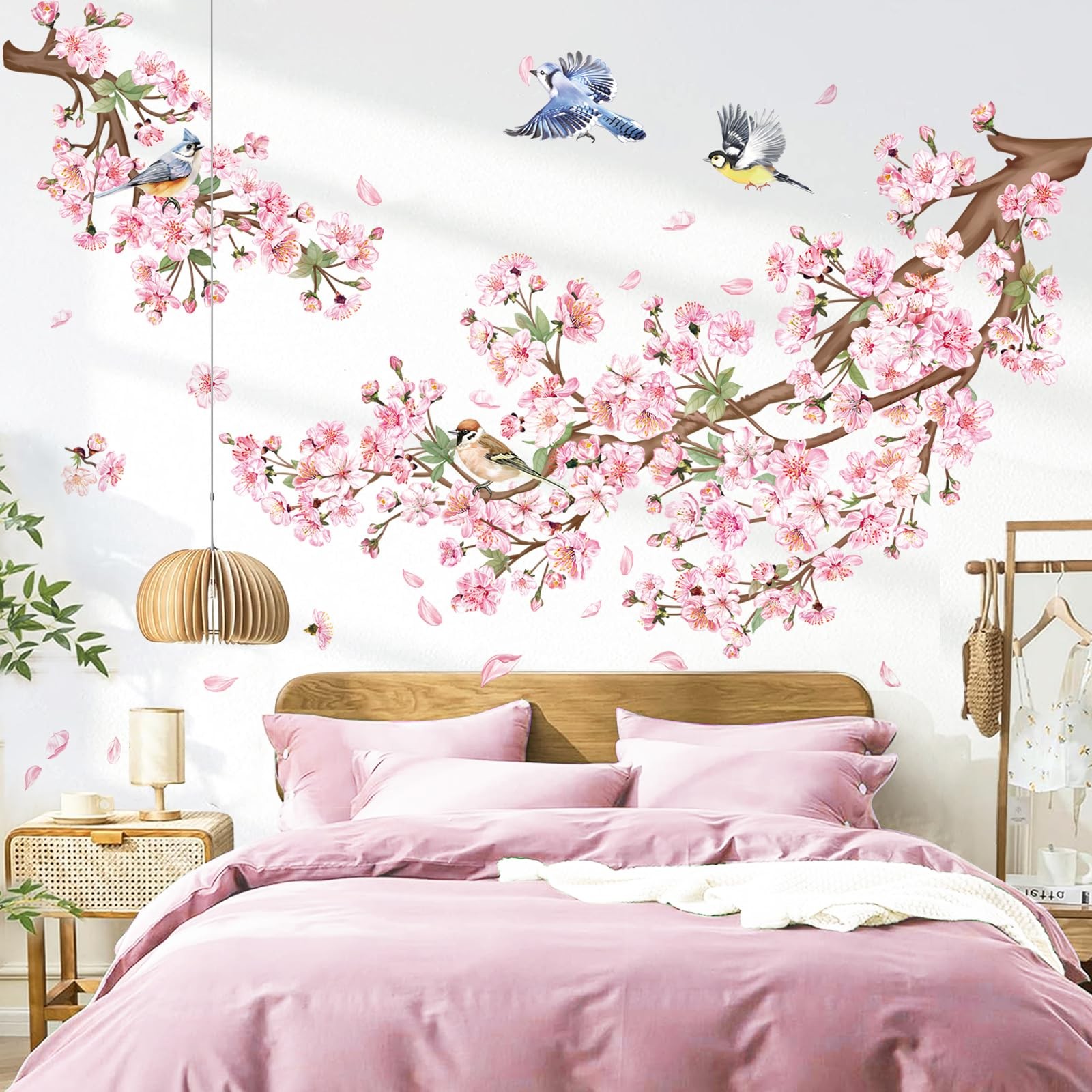 Cherry Blossom Branch Wall Decals Pink Floral Birds Wall Stickers Bedroom Liv…