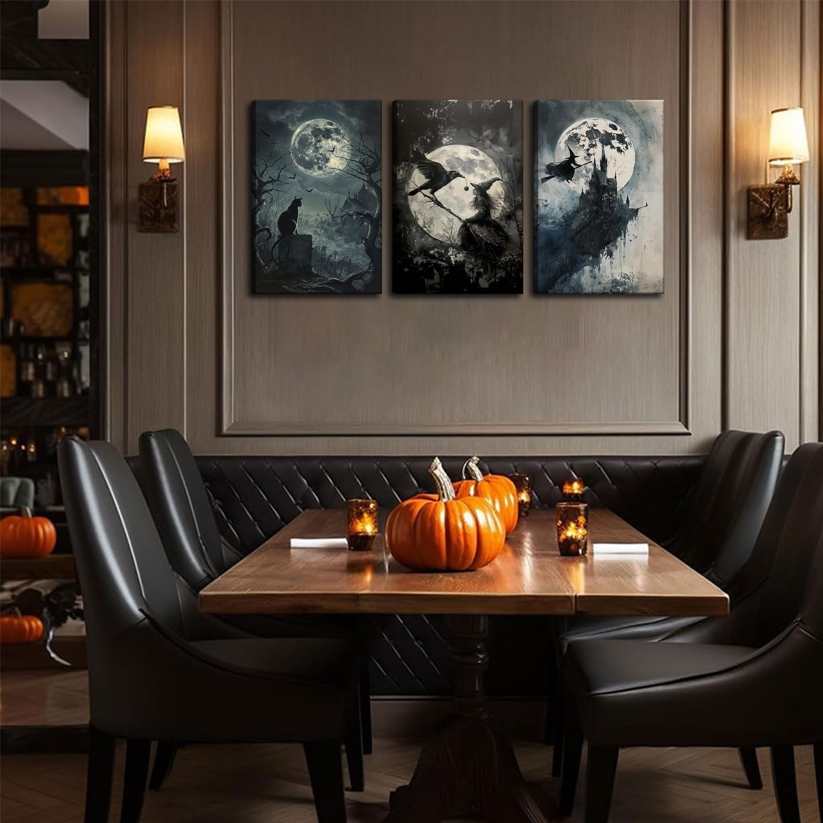 3Pcs Halloween Witch Canvas Wall Art Vintage Witchy Woman Black Cat Crow Wall…