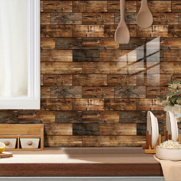 10pcs Self-Adhesive Wood Grain Wall Tiles Waterproof Decor Wall Sticker Kitchen
