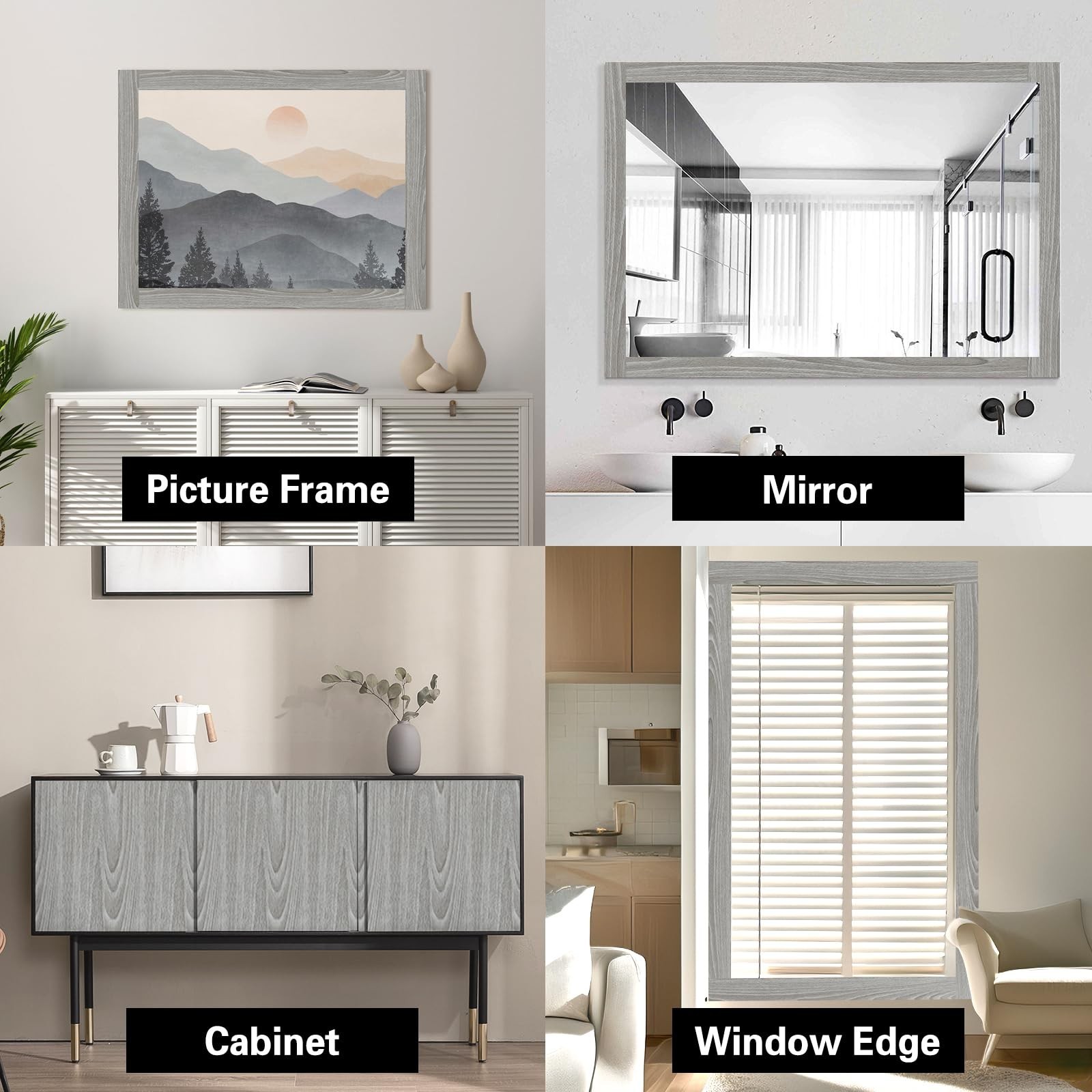 Grey Wood Grain Mirror Border Peel and Stick Wallpaper, Self Adhesive Waterpr…