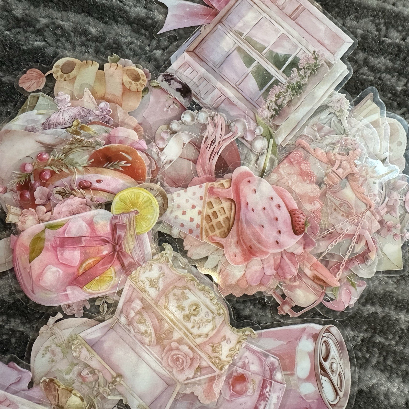 Stickers 50 Pink Transparent Antique Style Junk Journal Scrapbook Decals New