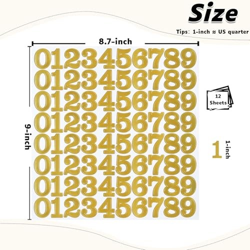 960 Pieces Small Vinyl Number Stickers 0-9, 1" Waterproof Self 1 Inch Gold