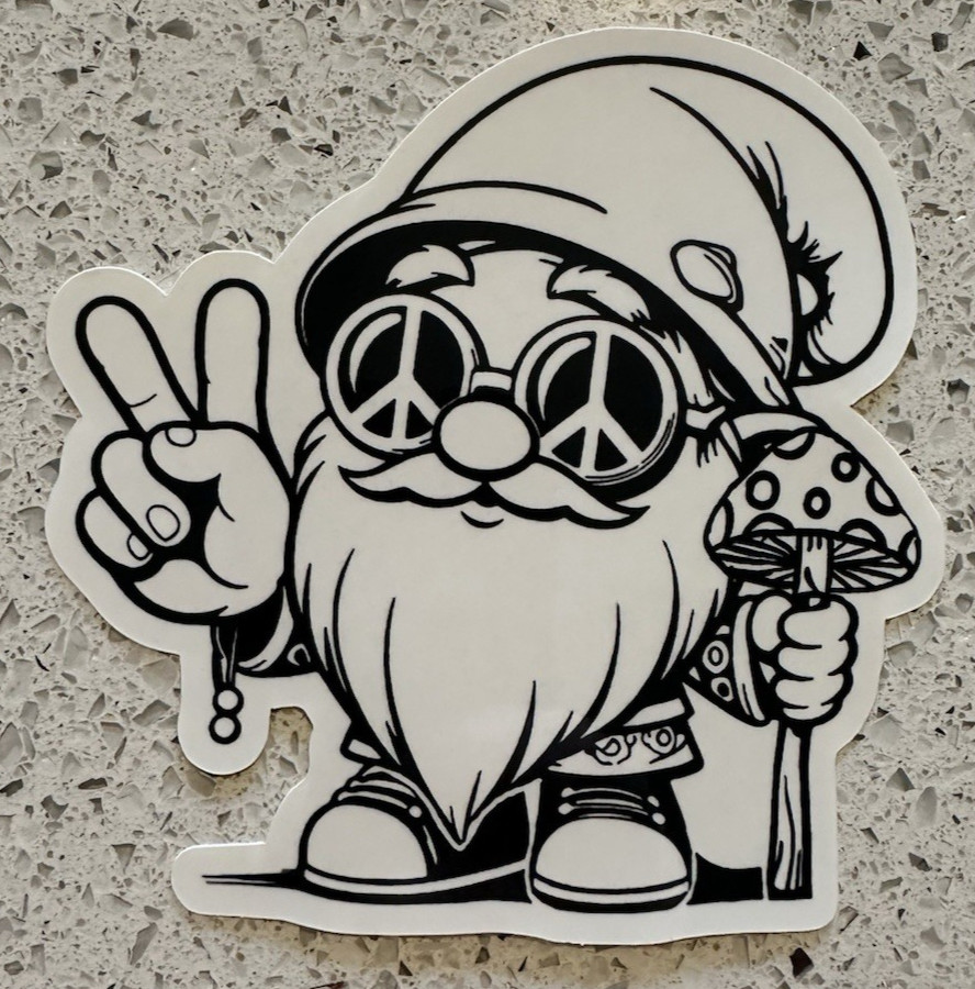 Gnome, Vinyl Die Cut Sticker. Peace sign, mushroom staff, black & white 4" x 4"